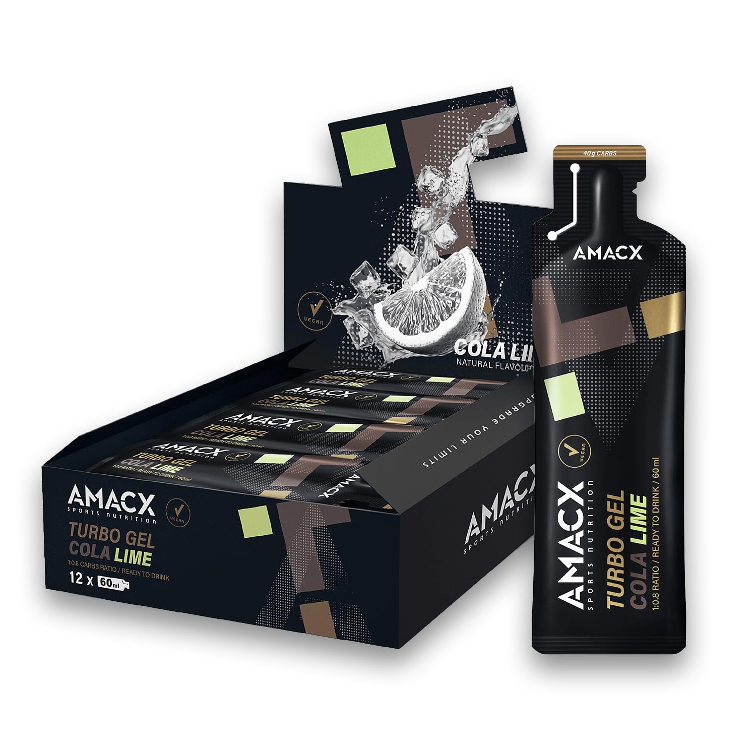 AMACX Turbo Energy Gel – Gel Energetique Velo et Course a Pied – Electrolyte & Minéraux – 12 x 60 ml – 40g de Glucides par Sports Gel – Ratio 1:​0,​8 Glucose:​Fructose – Cola Citron Vert