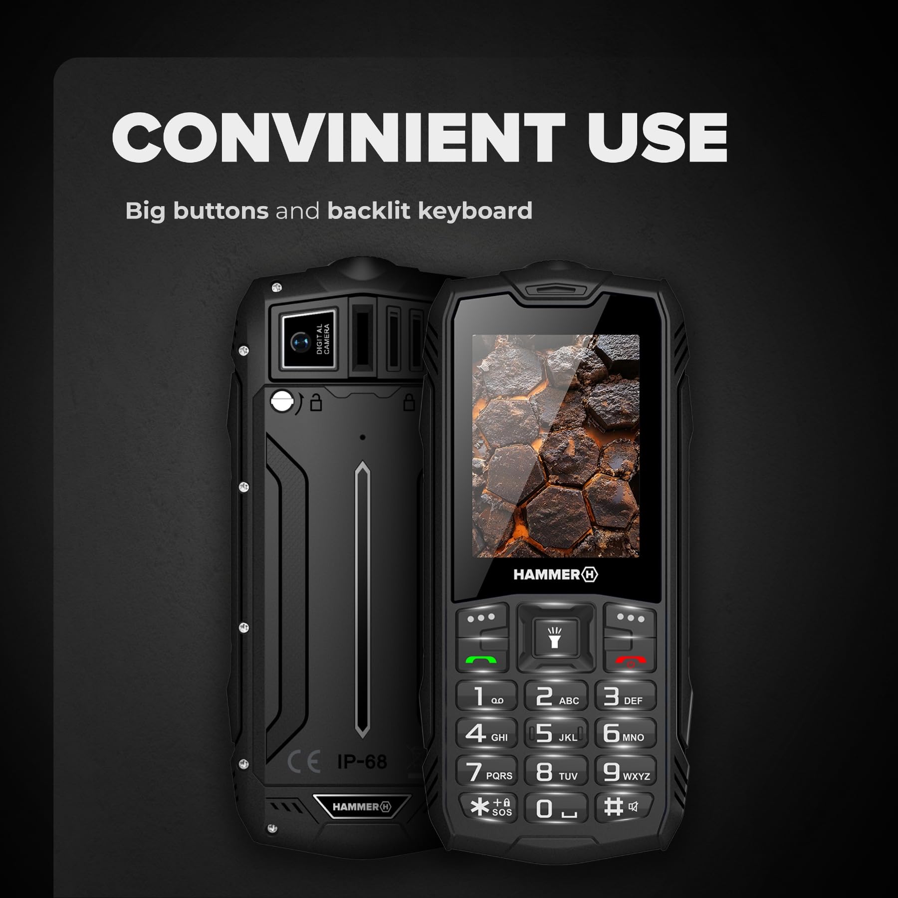 Hammer H Rock LTE Telefono Rugged senza Contratto, 3000mAh, 64 GB, Display IPS 2,4", Tasti Grandi, Tasto SOS, Torcia, Radio FM, Bluetooth, USB-C, Dual SIM, IP68/MIL-STD-810H, Nero