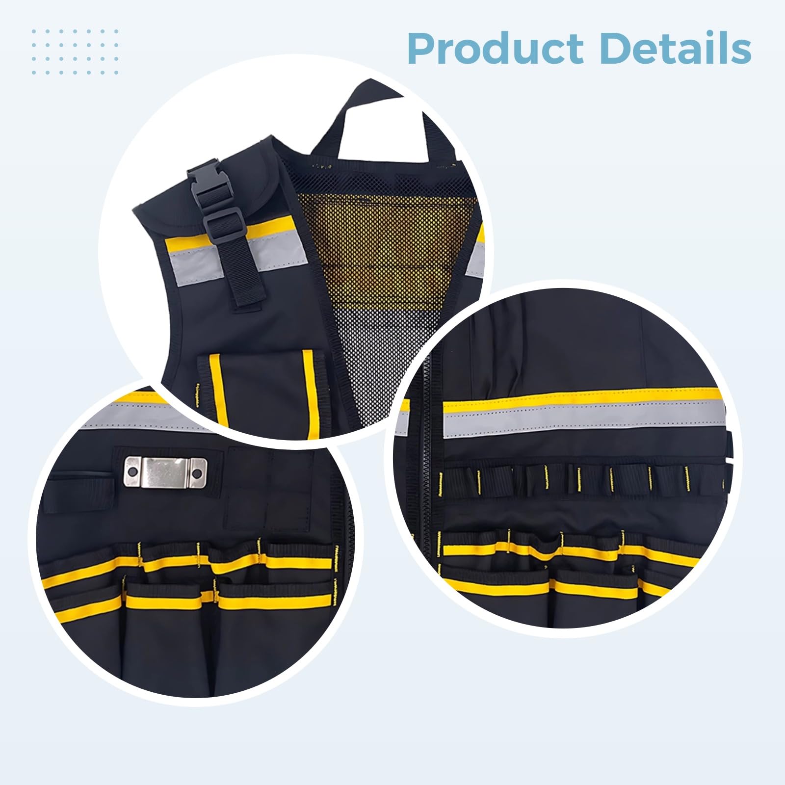 Chaleco de herramientas para carpinteros, electricistas, construcción, chaleco de trabajo con múltiples bolsillos para hombre, tiras reflectantes, tela Oxford de poliéster transpirable, negro y