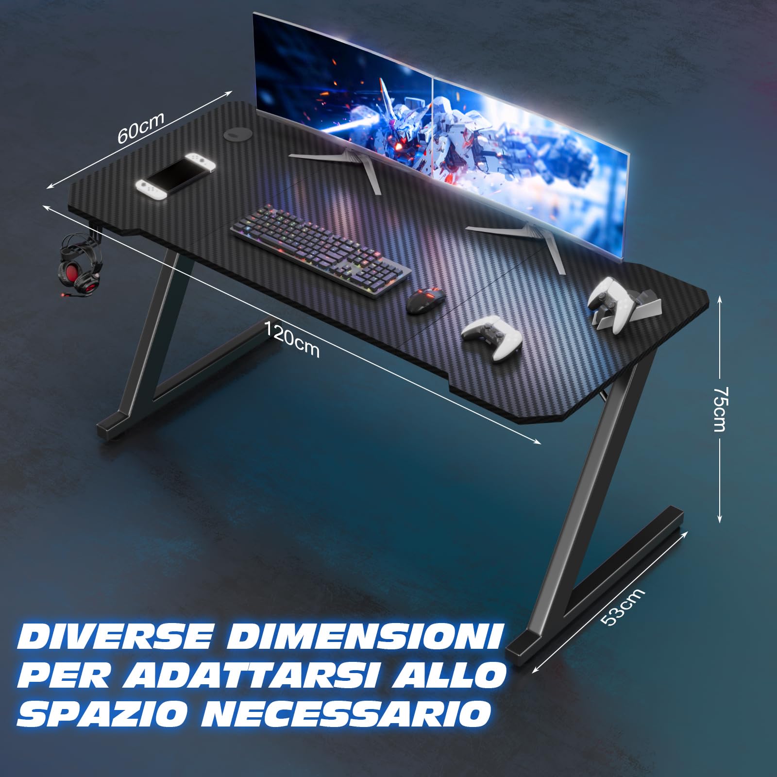 TRIUMPHKEY 120x60cm Scrivania Gaming/Tavolo Gaming - Piano in Carbonio Senza LED, Gambe a Z Ultra Resistente (100kg), con Gancio Cuffie, Design Moderno