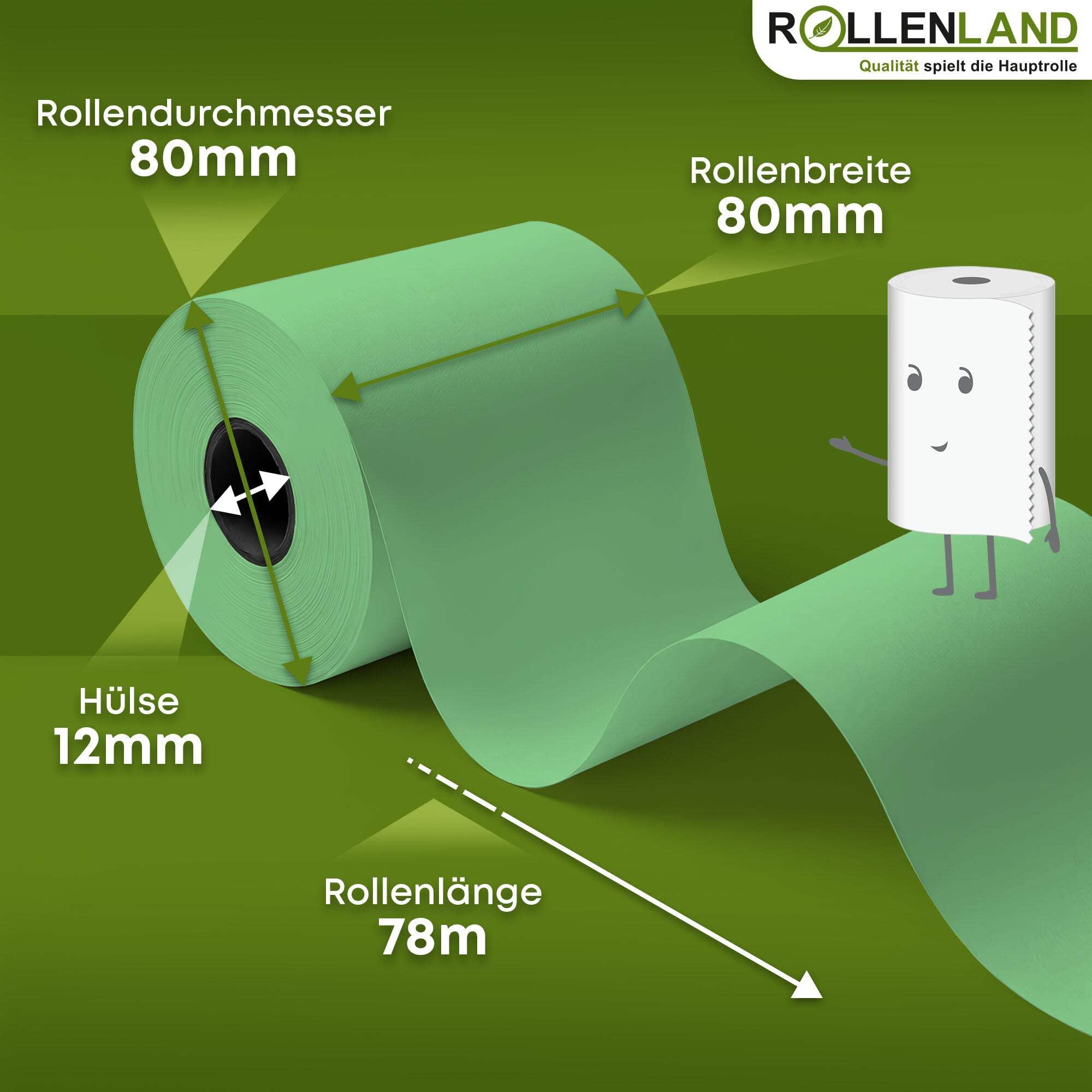 ROLLENLAND 30 farbige Thermorollen 80x80x12 [78 m Lauflänge & grün] Kassenrollen, Bonrollen, Thermopapier Rollen, BPA frei, 55 g/qm