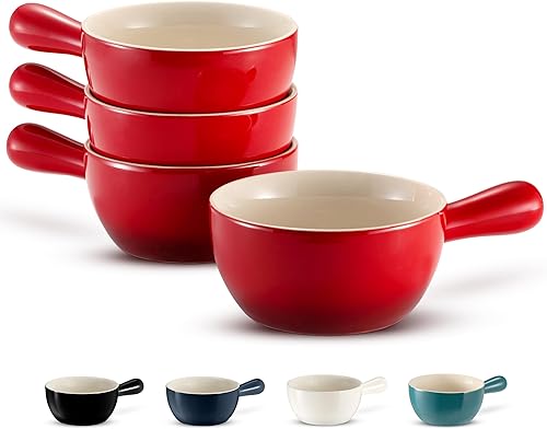 Kook Vajilla de sopa de cebolla francesa, cuencos de cerámica apilables con asas, aptos para horno, microondas y lavavajillas, para cereales, sopas,