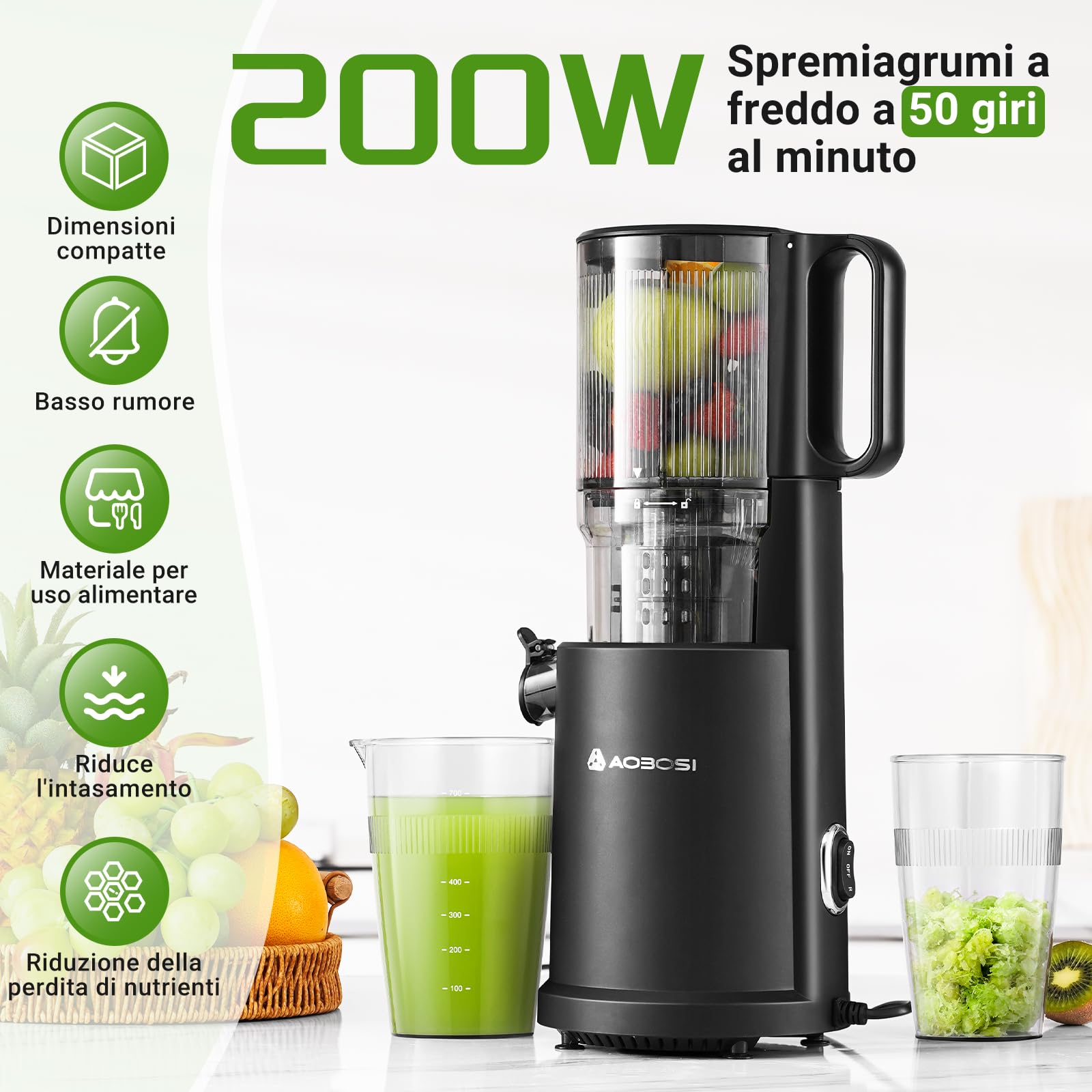 AOBOSI Estrattore frutta e verdura, 126MM XXL Grande Canale di Alimentazione per Frutta e Verdura Intere - Capacità 1,5L, 200 W Slow juicer, Triplo Filtro, Nero