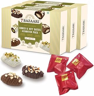 7 BAZAARI™ Premium Choco & Nut Dates - No Added Sugar, Gluten Free, Natural Ingredients - Assorted Almond Dark Chocolate, Cashew Milk Chocolate- 6pcs (Pack of 3)
