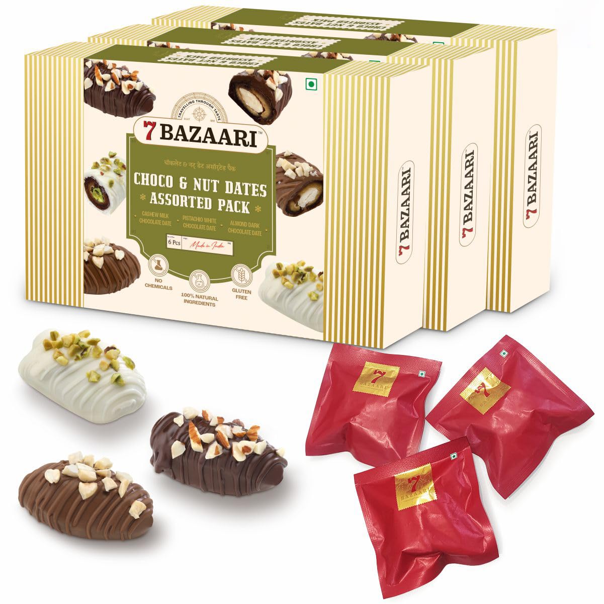 7 BAZAARI™ Premium Choco & Nut Dates - Gluten Free, Natural Ingredients - Assorted Almond Dark Chocolate, Cashew Milk Chocolate- 6pcs (Pack of 3)