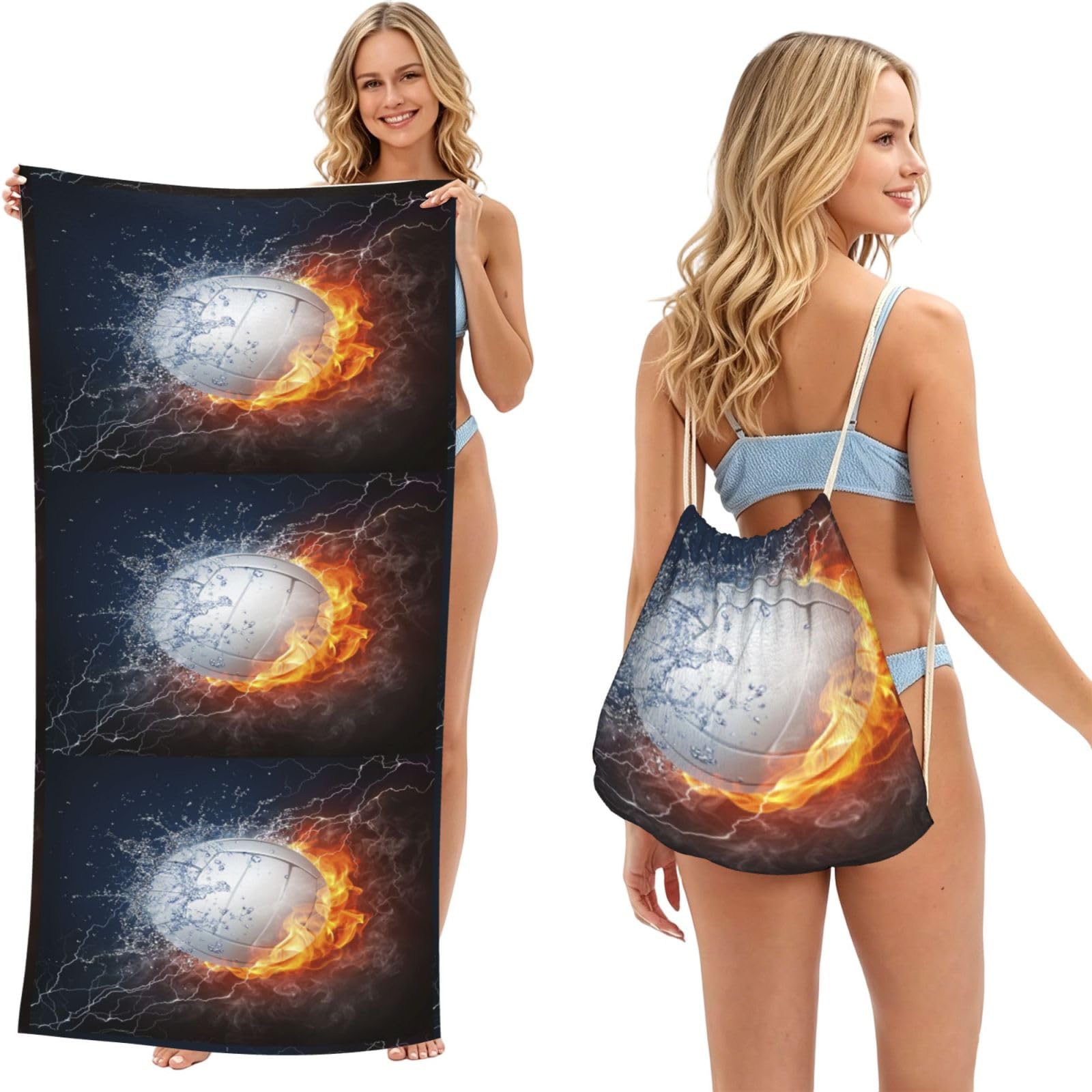 Poadnly As Picture Ice And Fire Volleyball, 2 In 1 Packable Towel Bag, Beach Towels With Drawstring Backpack For Travel Holiday Camping