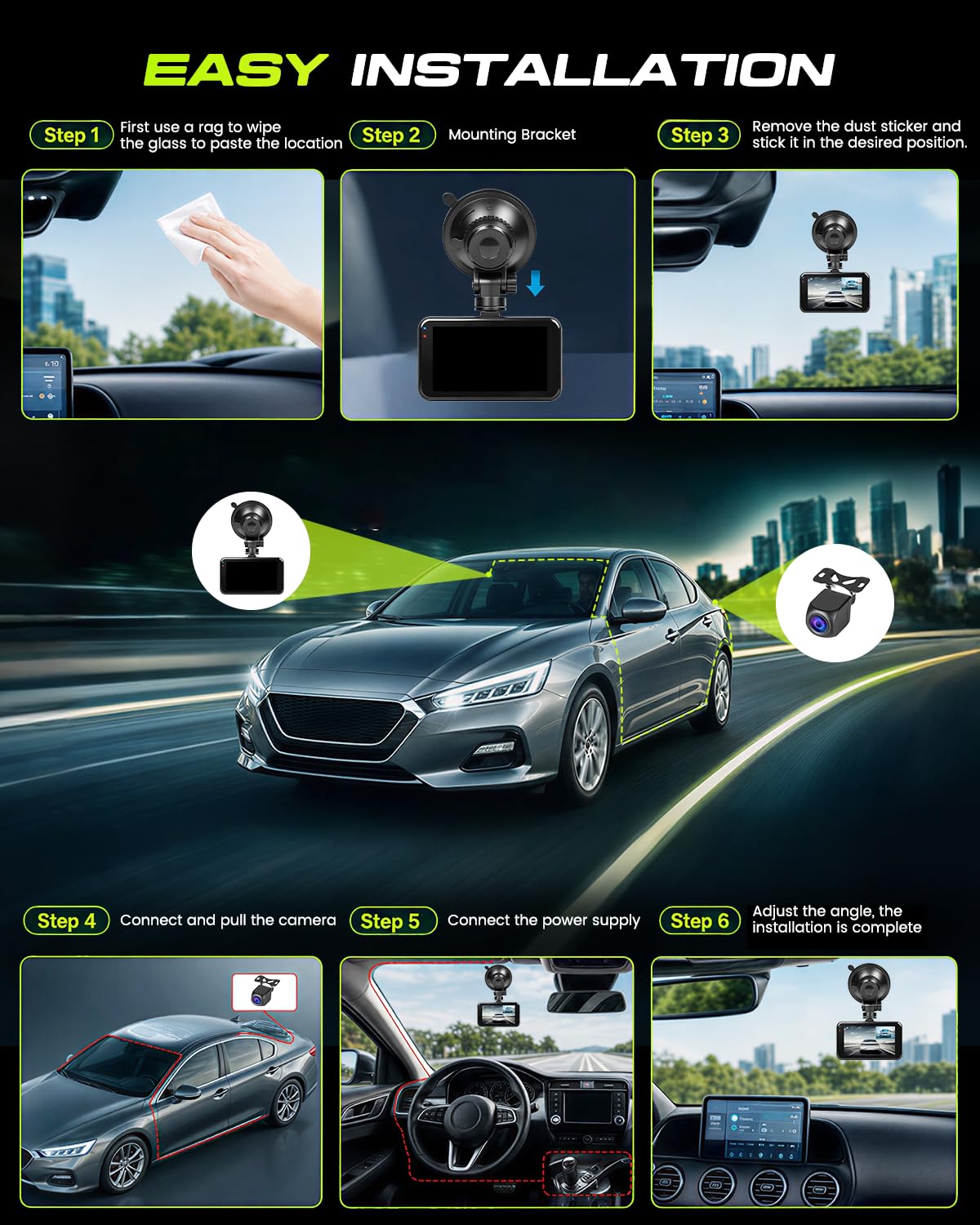 Inefala Dash Cam 4K Fronte Retro WiFi, 64GB, Schermo 3 Pollici