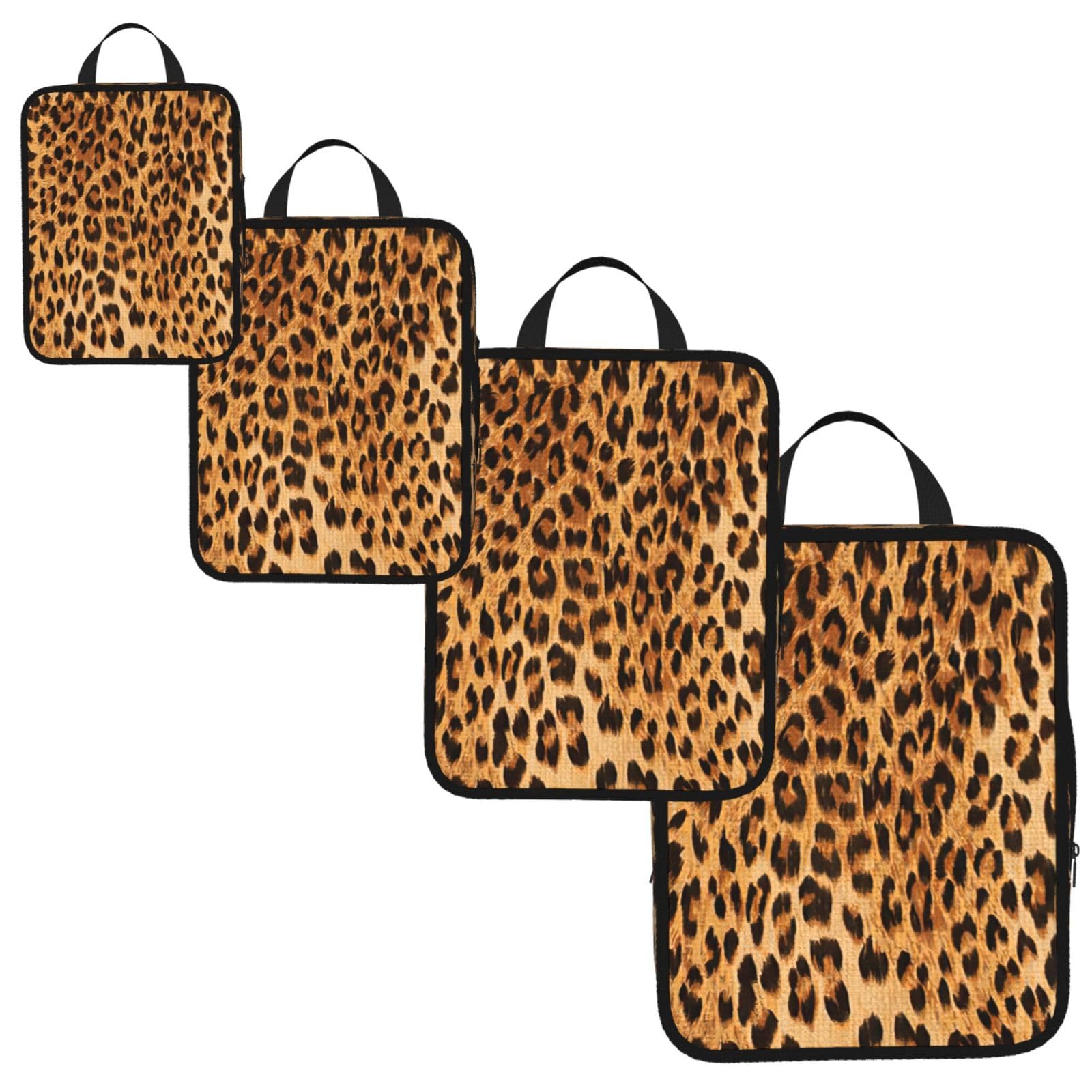 Leopard Print Print 4 Set Compression Packing Cubes for Suitcases,Expandable Storage Bags Organizers