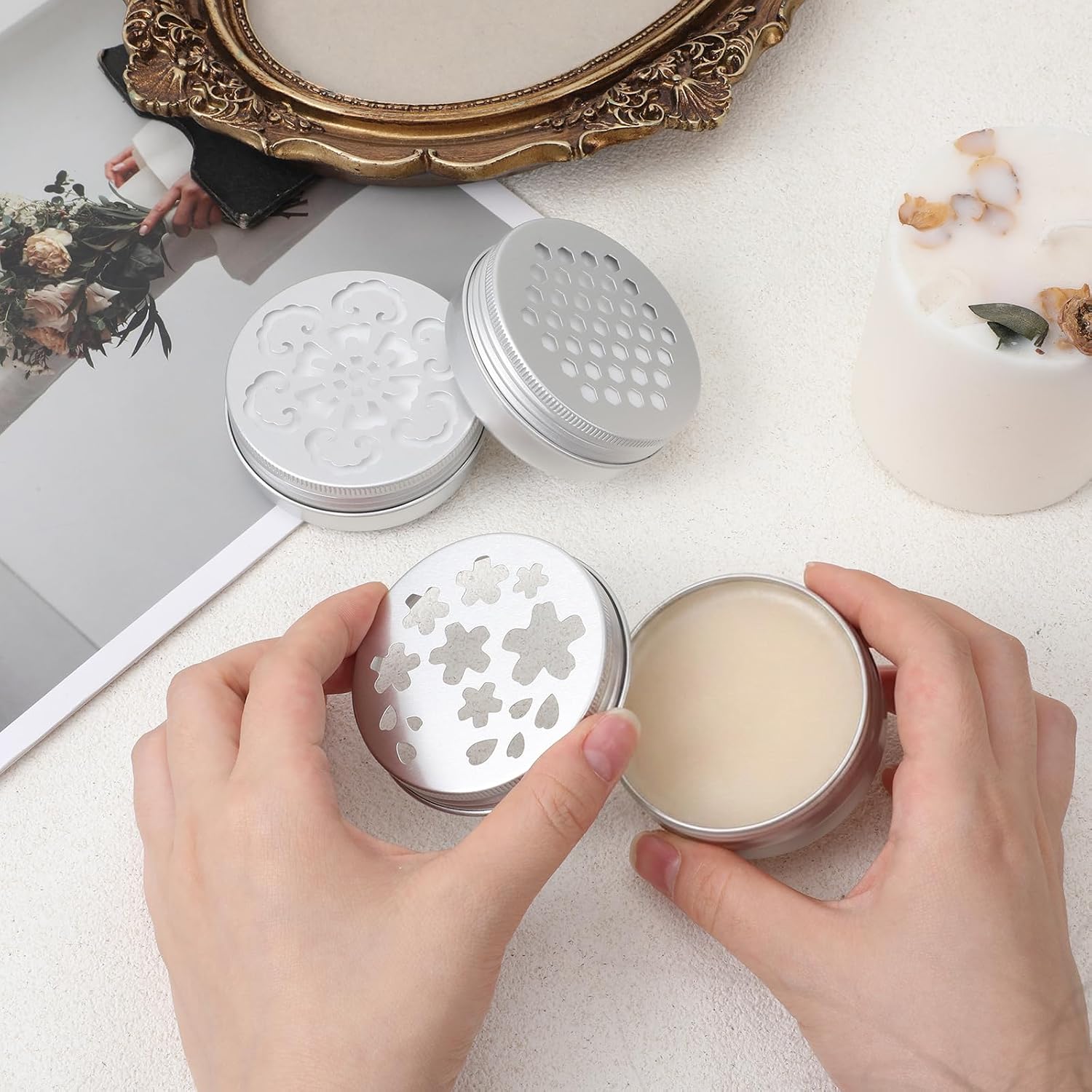 Skrfren 2oz Scent Beads Container, 3 PCS Small Aluminium Tins 60ml Metal Tin Containers Empty Storage Containers with Hollow Lids for Aromatherapy Air Freshener Candles Travel Storage, Silver