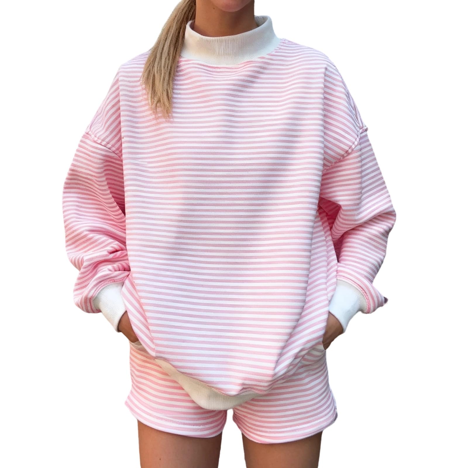 Womens Striped Outfits Mock Neck Long Sleeve Loose Fit Tops and Shorts Set Tracksuit Sweatsuit Loungewear-image-21