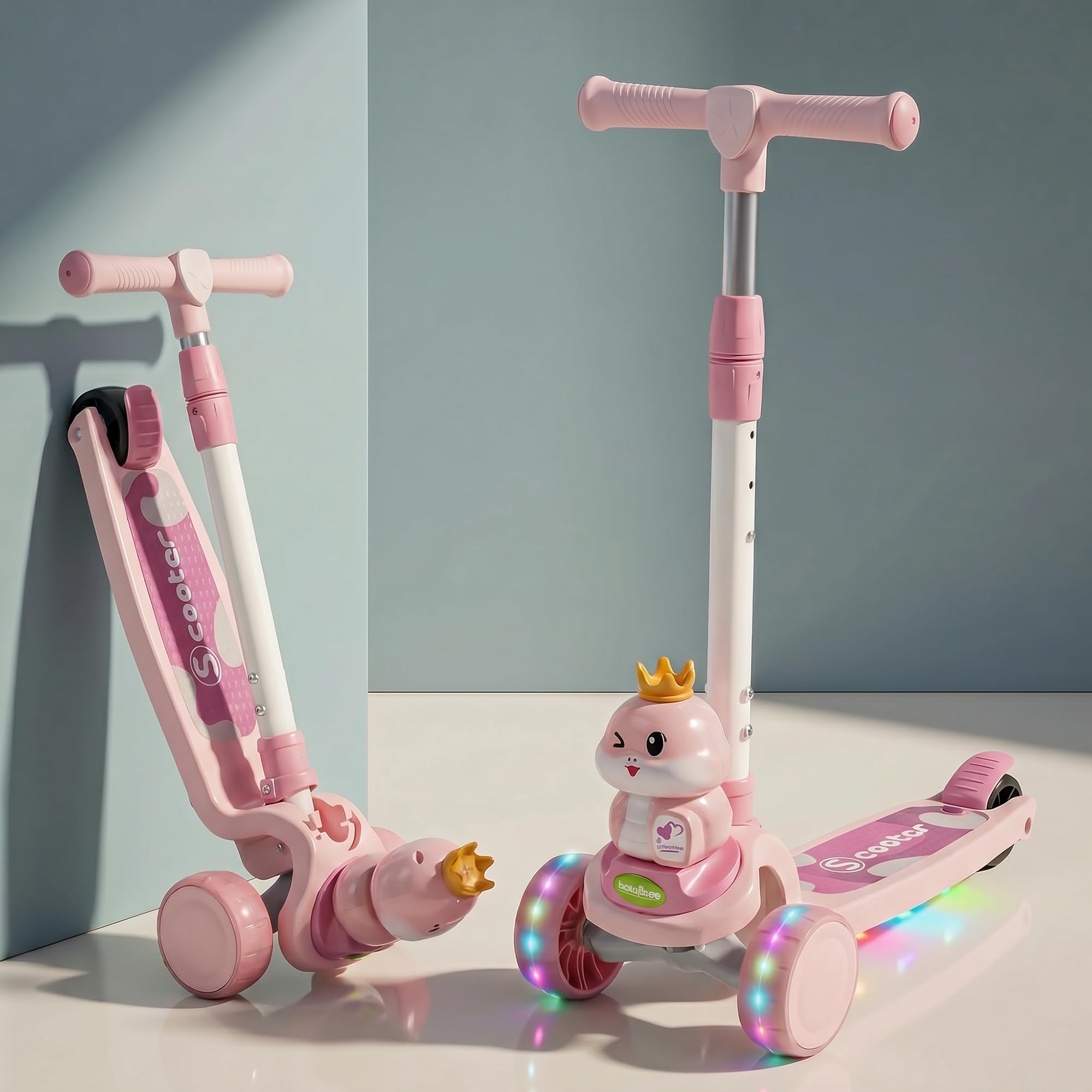 Baybee Dino Crown Kick Scooter for Kids | 3 Wheel Kick Scooter with RGB LED Wheels & Music | 3 Height Adjustable Handle & Rear Brake | Foldable Scooter for Kids 3 to 8 Years Boys & Girls (Lite Pink)-image-2