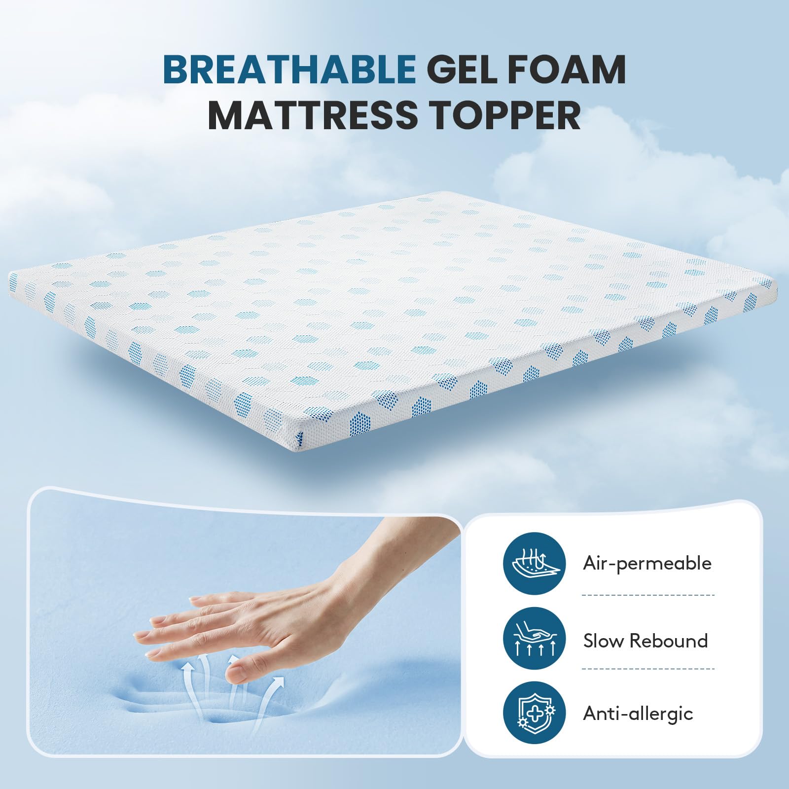 Matratzentopper 140x200 cm, 7 cm Gel-Memory-Schaum, atmungsaktiver Topper | Matratzen topper mit waschbarem Bezug, Spanngurten, Rutschfest, Mattress Topper für Boxspring, Schlafsofa, Wohnmobil, Betten