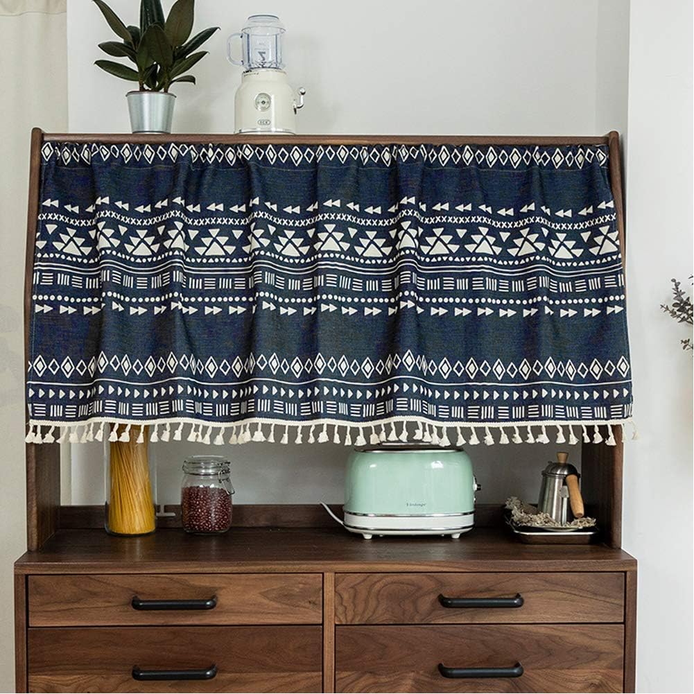 Kitchen Cafe Curtain Short for Small Window Blackout Boho Geometric Navy Blue Drapes Cotton and Linen with Tassel Valance for Bathroom Cabinet, 1 Panel 26" × 17"