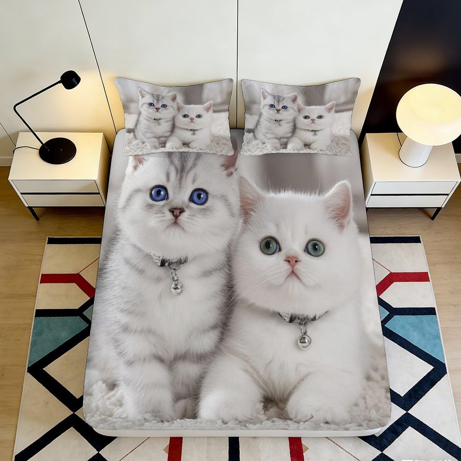 Pnayamiorkfel Style-9 3D Printed Cute Grey Kitten Fitted Sheet Microfiber Soft Non-Slip White Cat Bed Cover For Bedroom Guestroom Home Decor 90X200x25cm