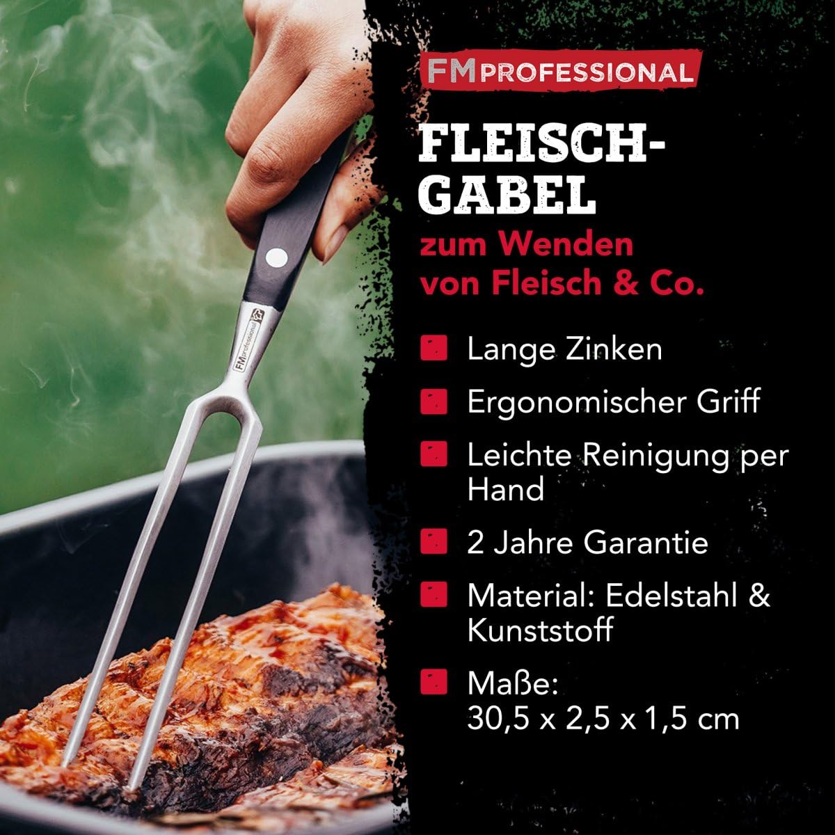 FMProfessional Fleischgabel für Steaks, Braten & Gemüse by Fackelmann – Grillgabel mit langen Zinken – Tranchiergabel zum Wenden und fixieren von Fleisch & Co.