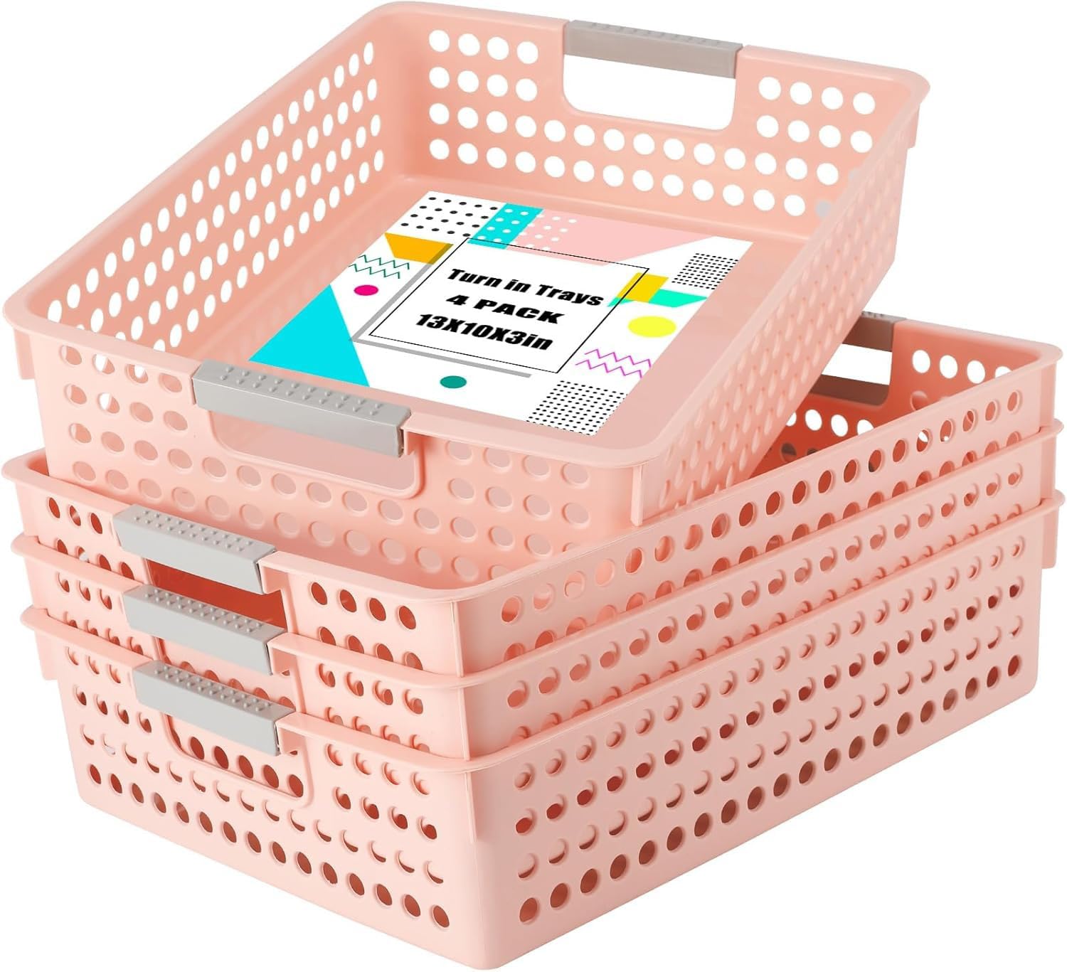 Spymero 4 Pack Turn in Trays Classroom, Pink, Plastic, with Handles