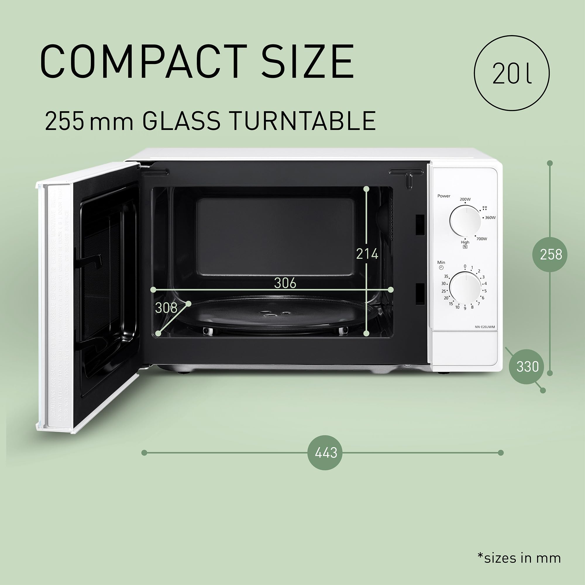 Panasonic NN-E20JWMEBG Mikrowellenofen 20L 800W Glasteller Auftaufunktion 5 Leistungsstufen Timer Weiß