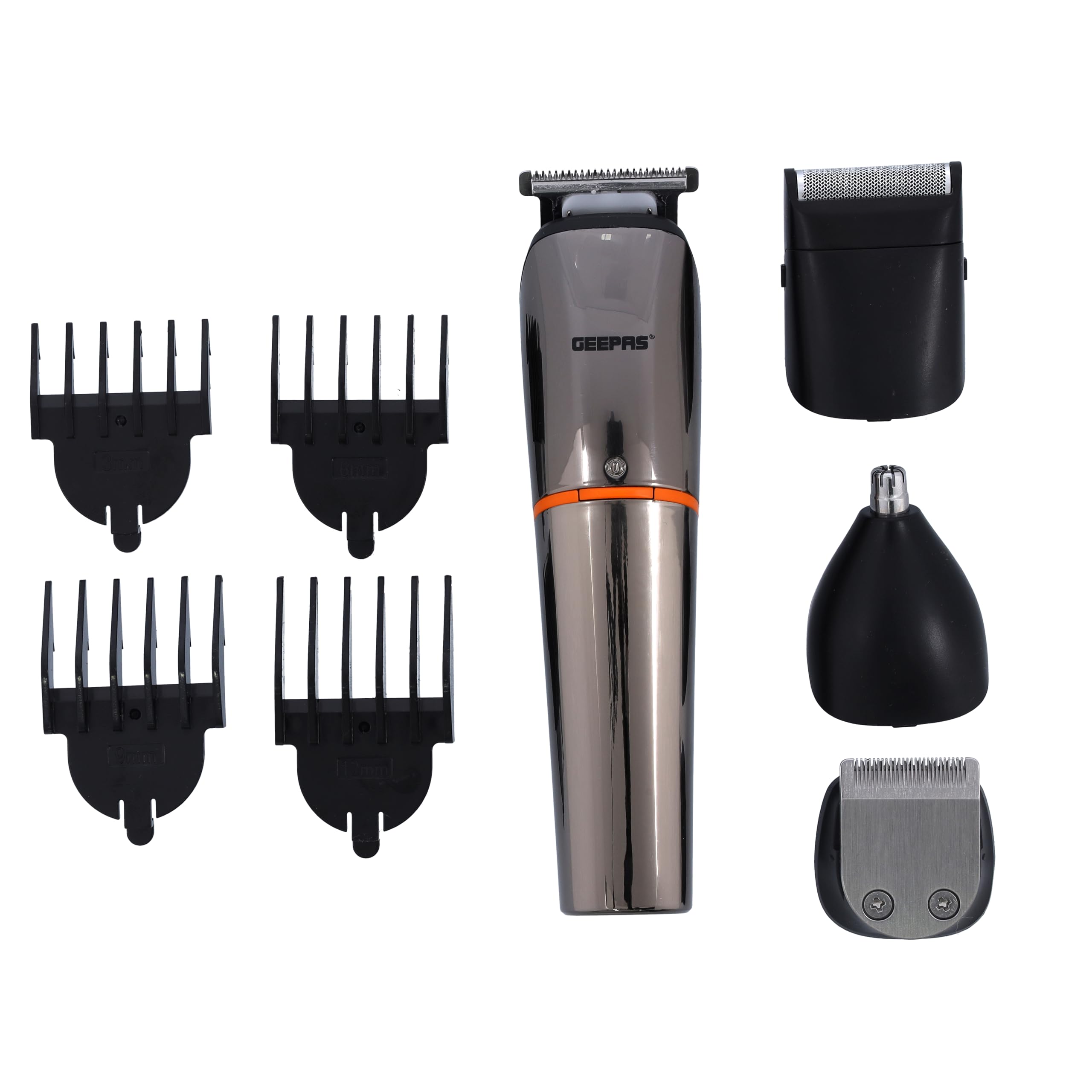Geepas 9 In 1 Hair Trimmer 600Mah Battery Portable Cordless Hair Clippers, Grooming Kit With Stand, Digital Display Trimming Kit With 4 Interchangeable Heads For Styling Beard, Gray