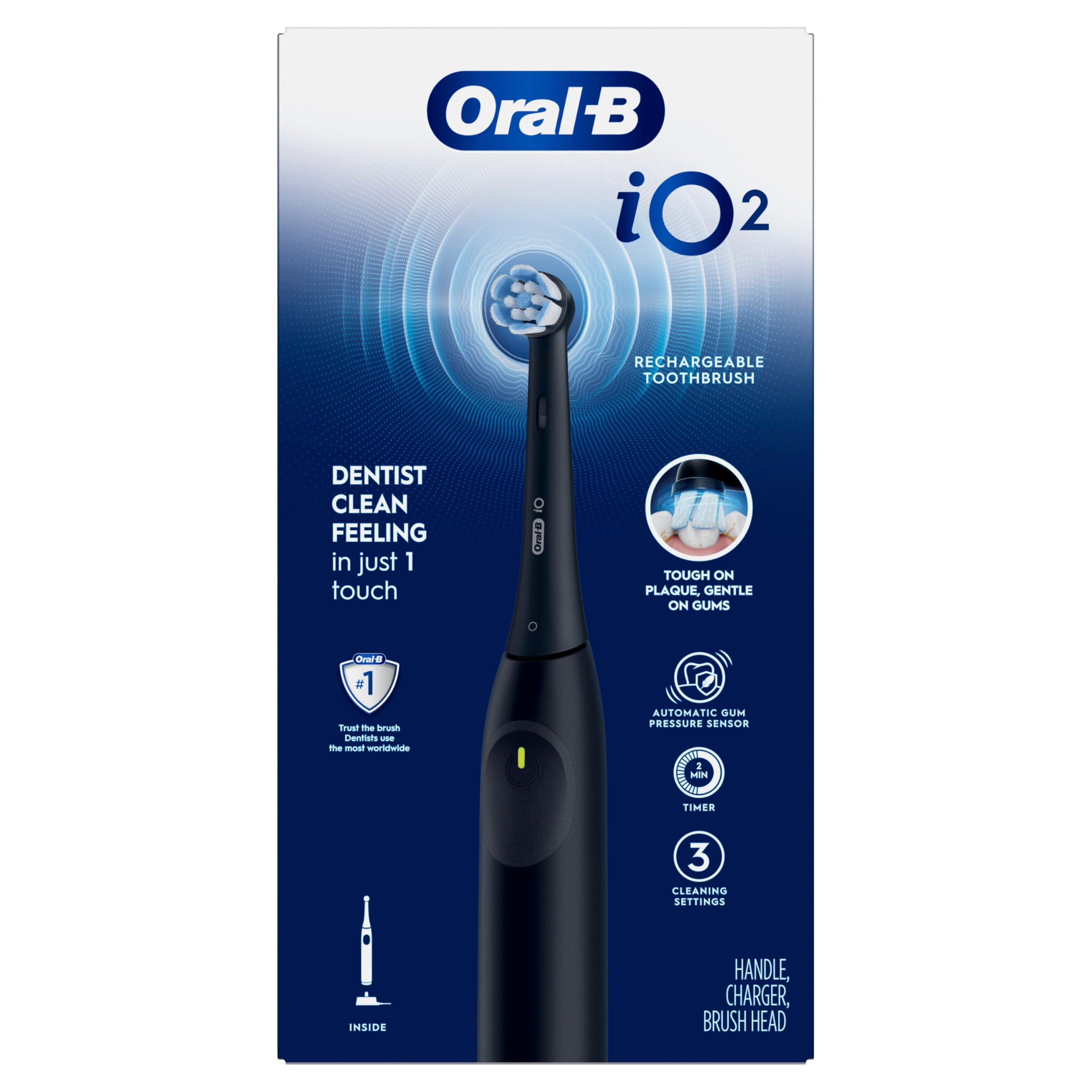Oral-B iO Série 2 Brosse à Dents Électrique Rechargeable Noir Nuit avec 1 Tête de Brosse Soin Doux - Capteur de Pression Automatique pour Protéger Les Gencives - 3 Modes - Minuterie 2 Min