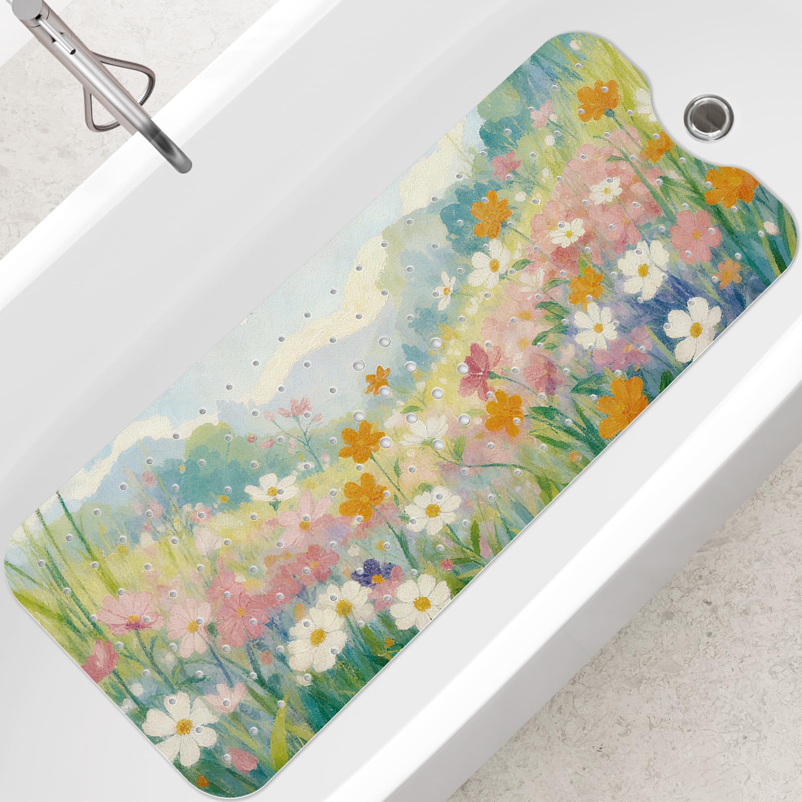 SHUCHING Painting Flowers Bath Mat Non Slip Anti Mould, 100 X 40 cm Extra Long Bathtub Mat Anti Slip, Shower Mat Non Slip Anti Mould for Bathroom Machine Washable