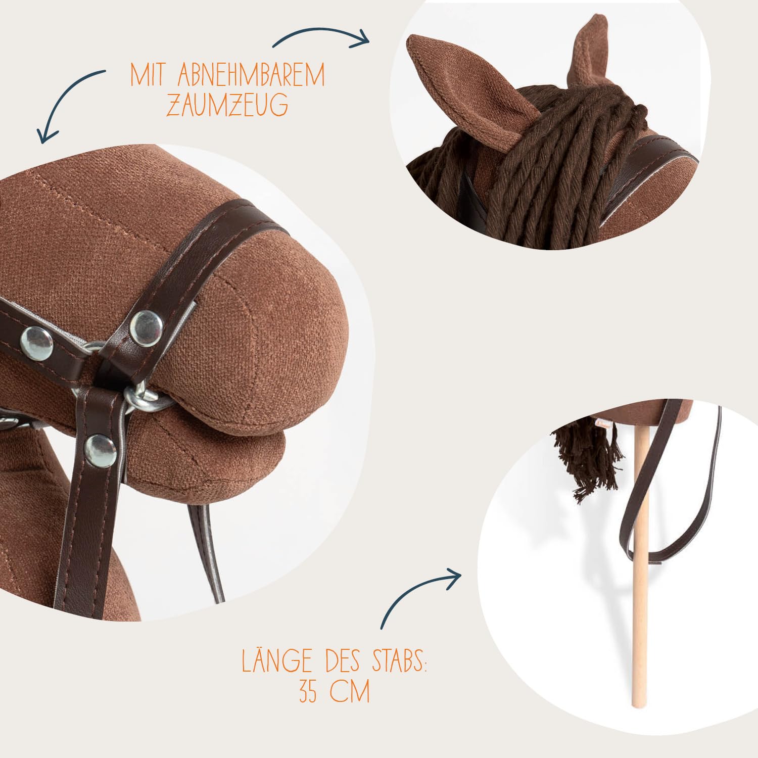 PINOLINO Cavallo a Spina Lucky Marrone, Peluche Cavallo su Bastone di Legno, Cavallo Bastoncino per Bambini dai 3 Anni in su, Giocattolo per Interni ed Esterni, Cavallo da Gioco con Briglia