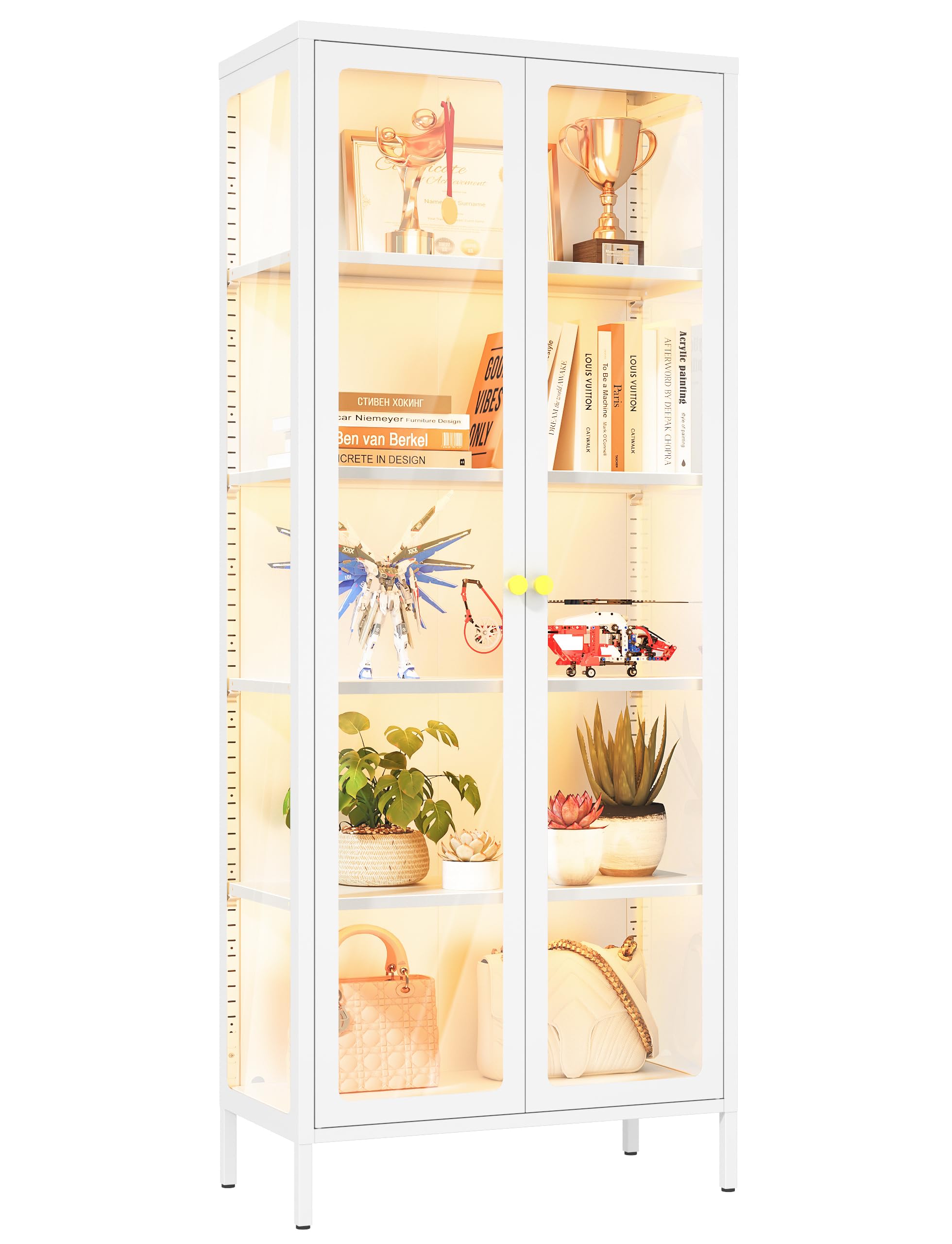 VCGGAIP Metal Display Cabinet with Glass Doors, 66.93" H, 5-Tier Curio Cabinet with Adjustable Shelves,21 DIY Color Lights Display Cases for Plant,
