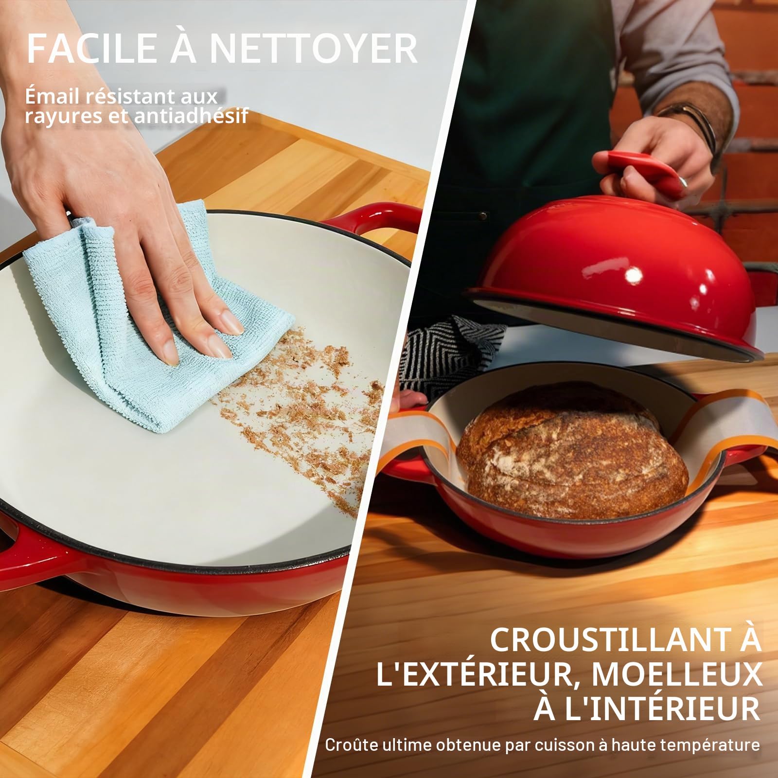 Marmite en Fonte Émaillée 5,7L Ovale, Cocotte Dutch Oven 26 cm avec Couvercle, Poignées Bois & Accessoires Pain, Tous Feux + Four jusqu’à 260°C
