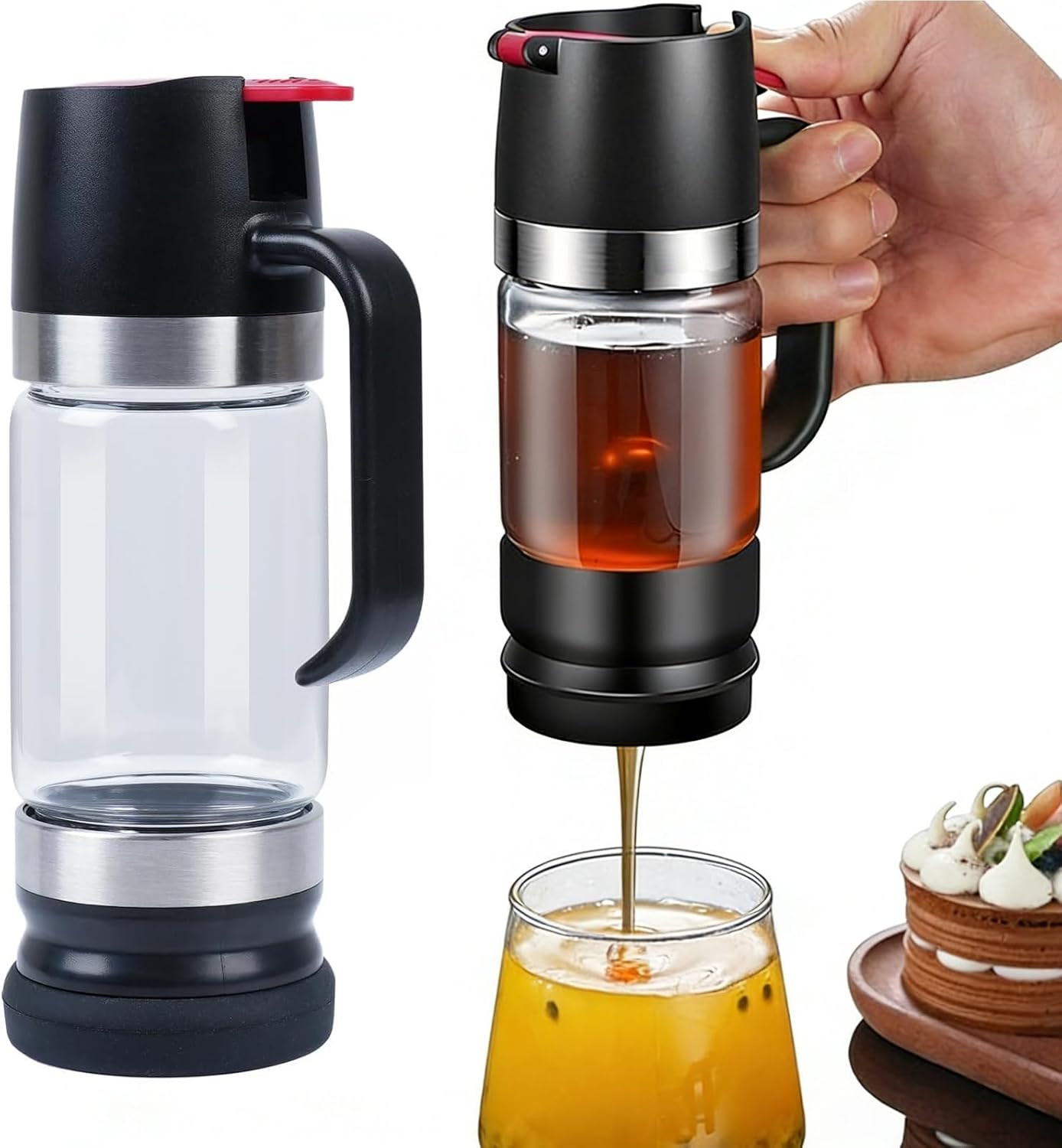 Honey Dispenser with Base,Syrup Dispenser with Handle Honey Pot for Coffee or Tea Maple Syrup Container for Pancakes & Waffles