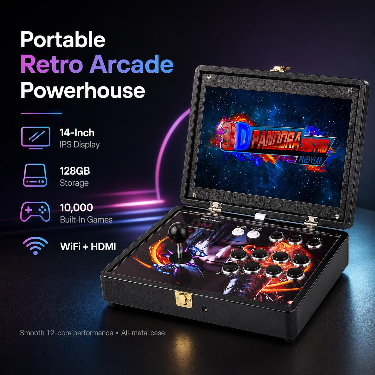 36S 3D retro zręcznościowa konsola do gier, 14 cali, Full HD, 128 GB pamięci masowej | Przenośna maszyna do gier WiFi HDMI całkowicie metalowa obudowa klasyczne gry rozrywka