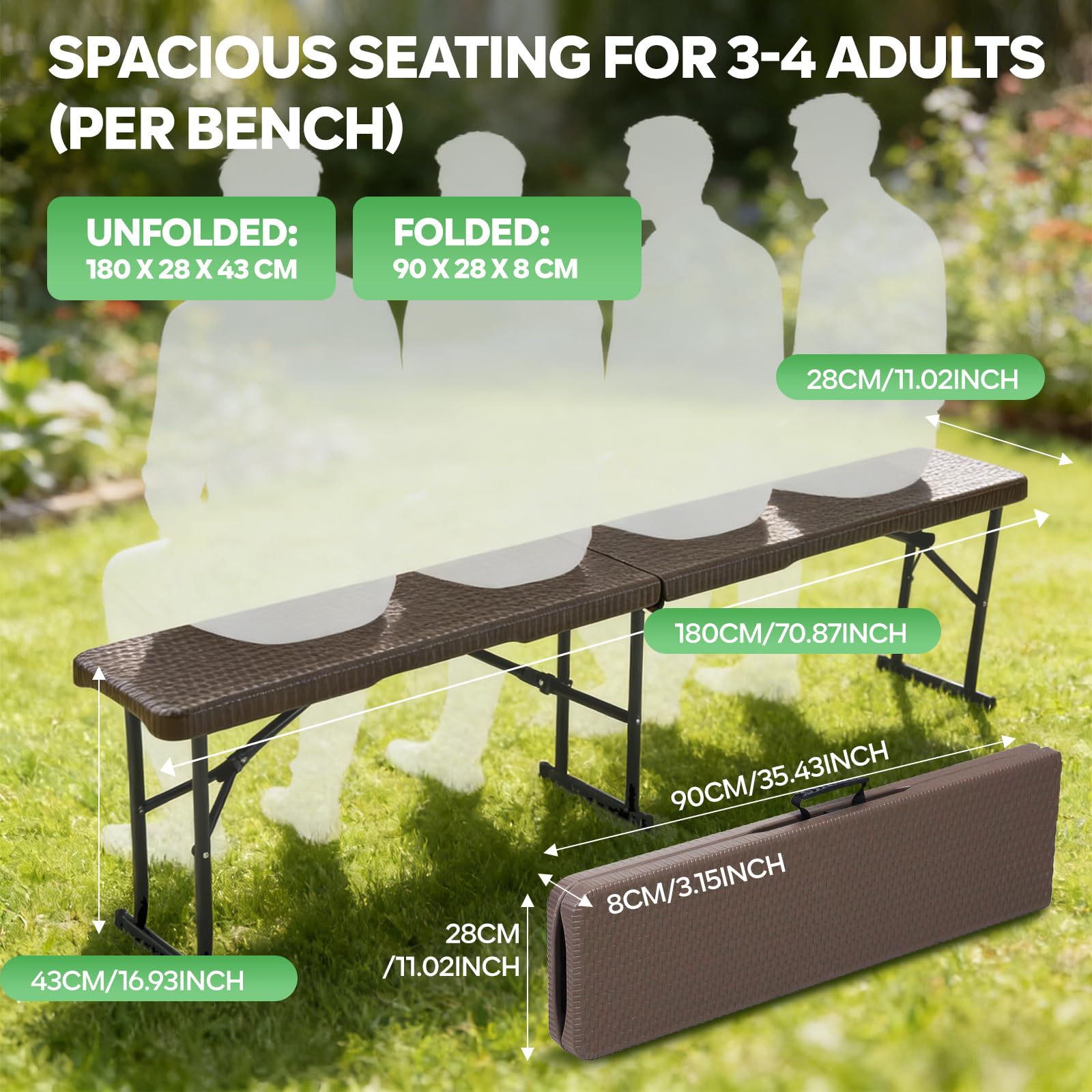 Banc Pliable 180x28x43 cm, Lot de 2, Banc Jardin Pliable en HDPE avec Effet Tressé, 4 Verrous de Sécurité, Capacité de Charge 300 kg, Banc Extérieur pour Balcon Terrasse Camping