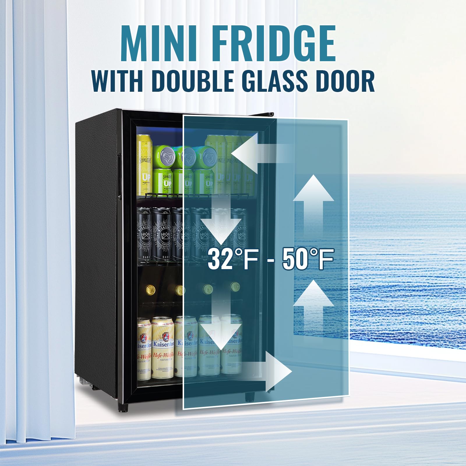 WANAI Mini Fridge Glass Door 120 Cans Beverage Refrigerator Small Wine Cooler Clear Front Drinks Fridge For Soda Beer Bar Home Office With 7 Thermostat LED Light on Fridge.com - View 6
