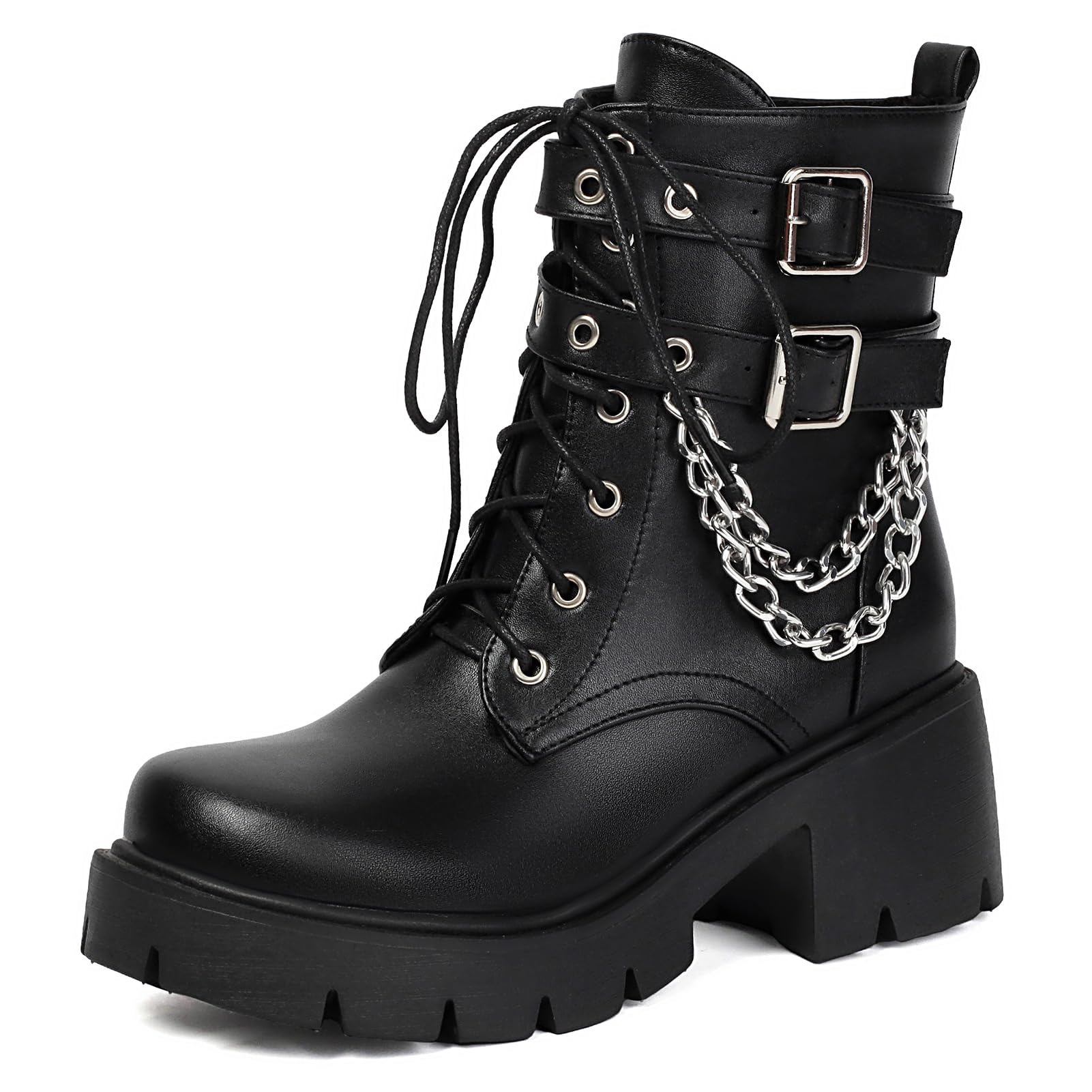 MEOTINA Goth Platform Boots Lace Buckle Gothic Cosplay Booties Chunky High Heels Ankle Boots Zipper Punk Shoes