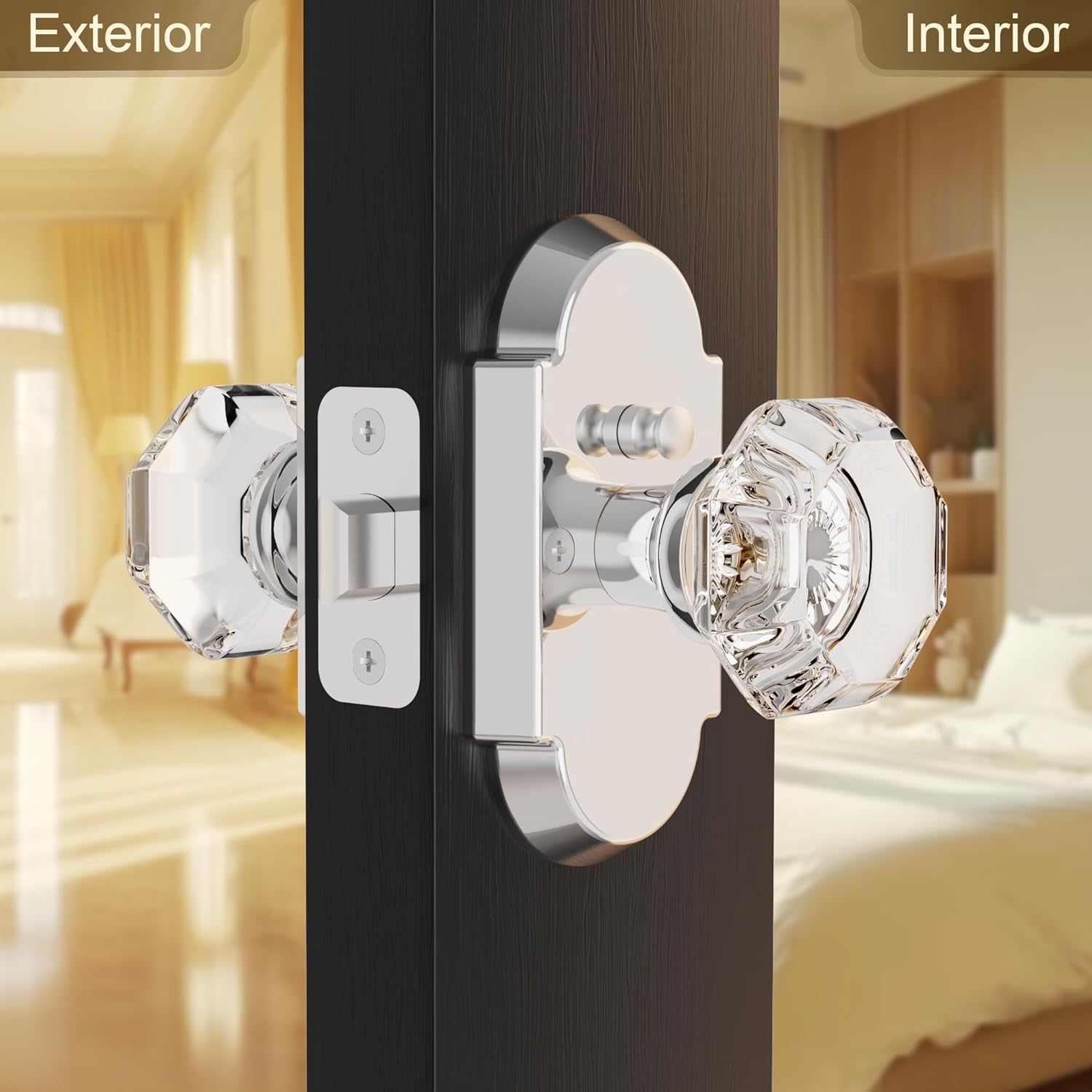 Crystal Door Knobs with Lock for Bed/Bath, Interior Privacy Door Handle, Octagonal Glass Door Knobs Polished Chrome