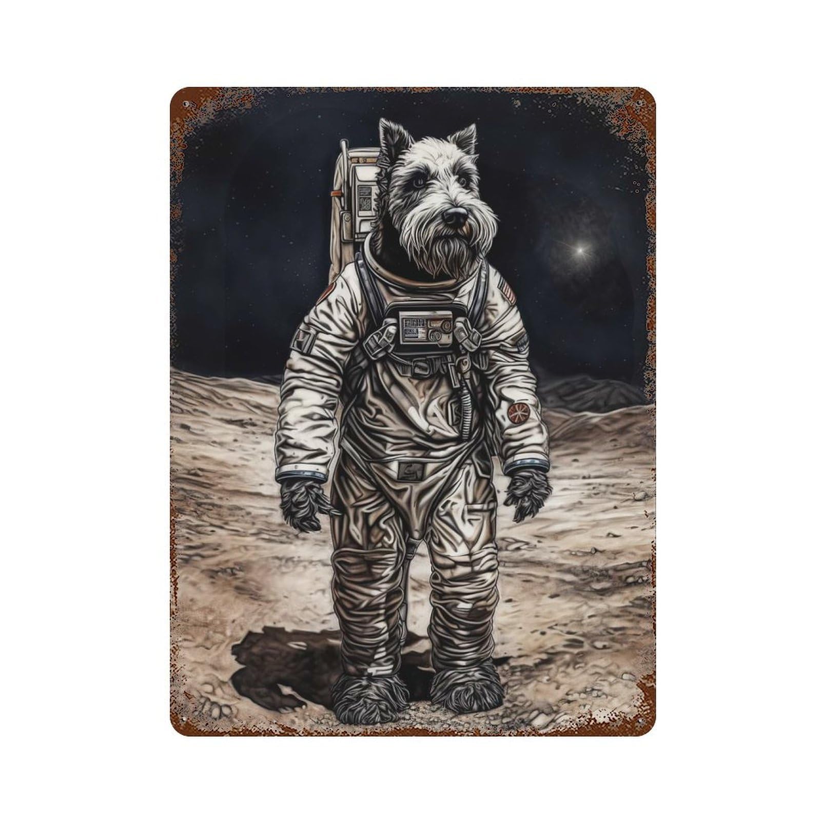 Rust Effect Schnauzer Astronaut Mars Decorative Tin Sign 15.7"x11.8", Rustic Home Decor for Cafe, Home Bar And Lounge Decor