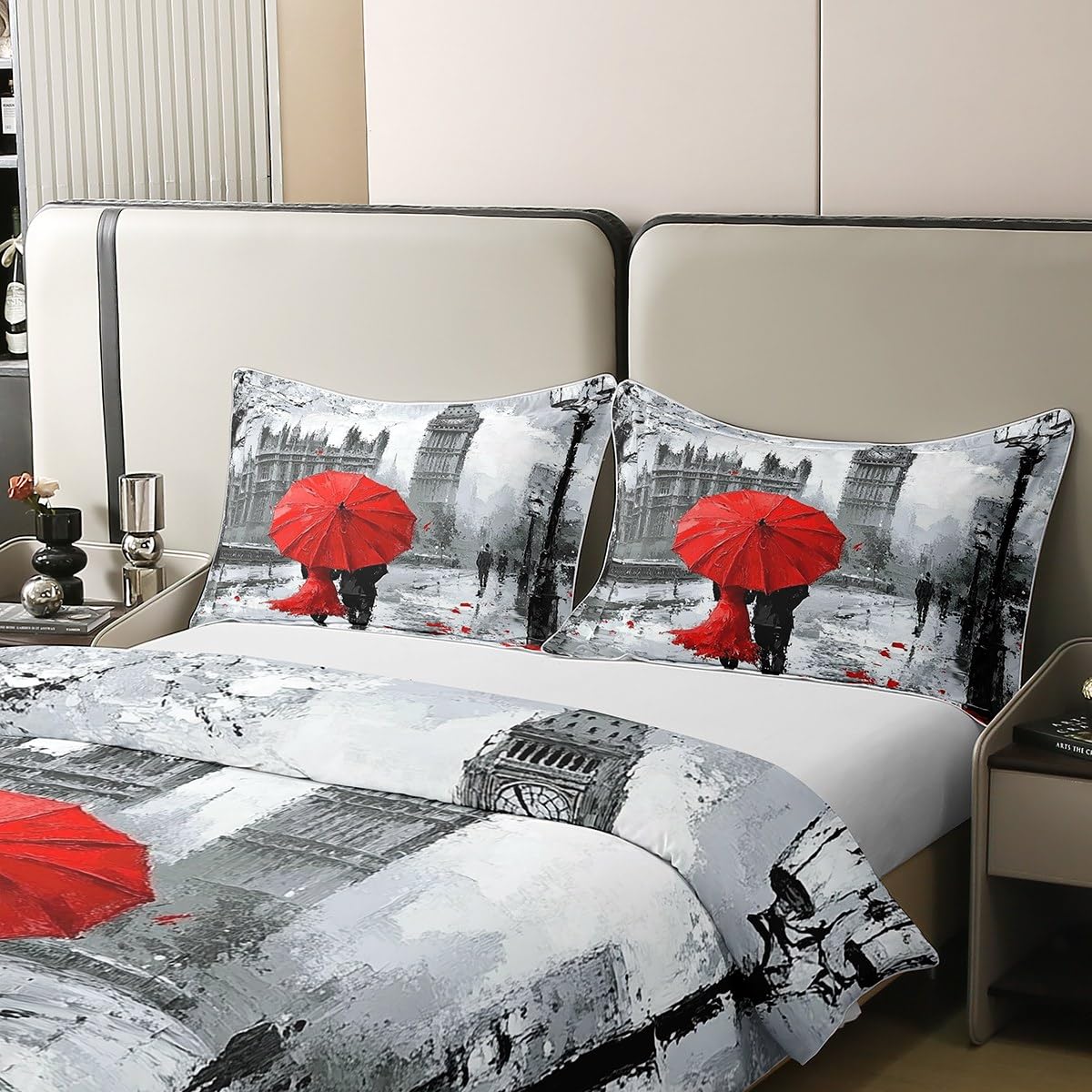 Loussiesd Rotes Paar Liebhaber 100% Baumwolle Bettwäsche Set 135x200cm Big Ben Bettbezug Dekor Mr Mrs Paris Moderne Stadtbild London Street Betten Europäische Stadt Bettwäsche-Set