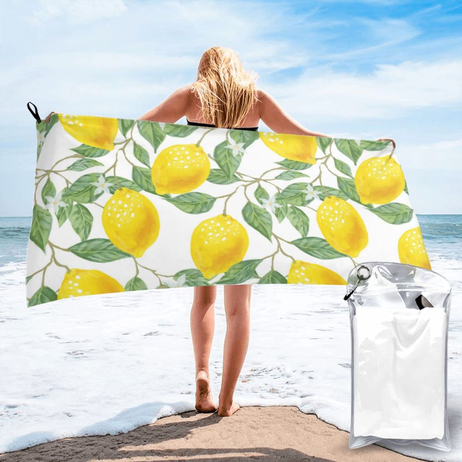 Lawenp Yellow Lemons Pattern Microfiber Beach Towel Adults Large Quick Drying Bath Towel Travel Towels with Pouch 27.5"x55"