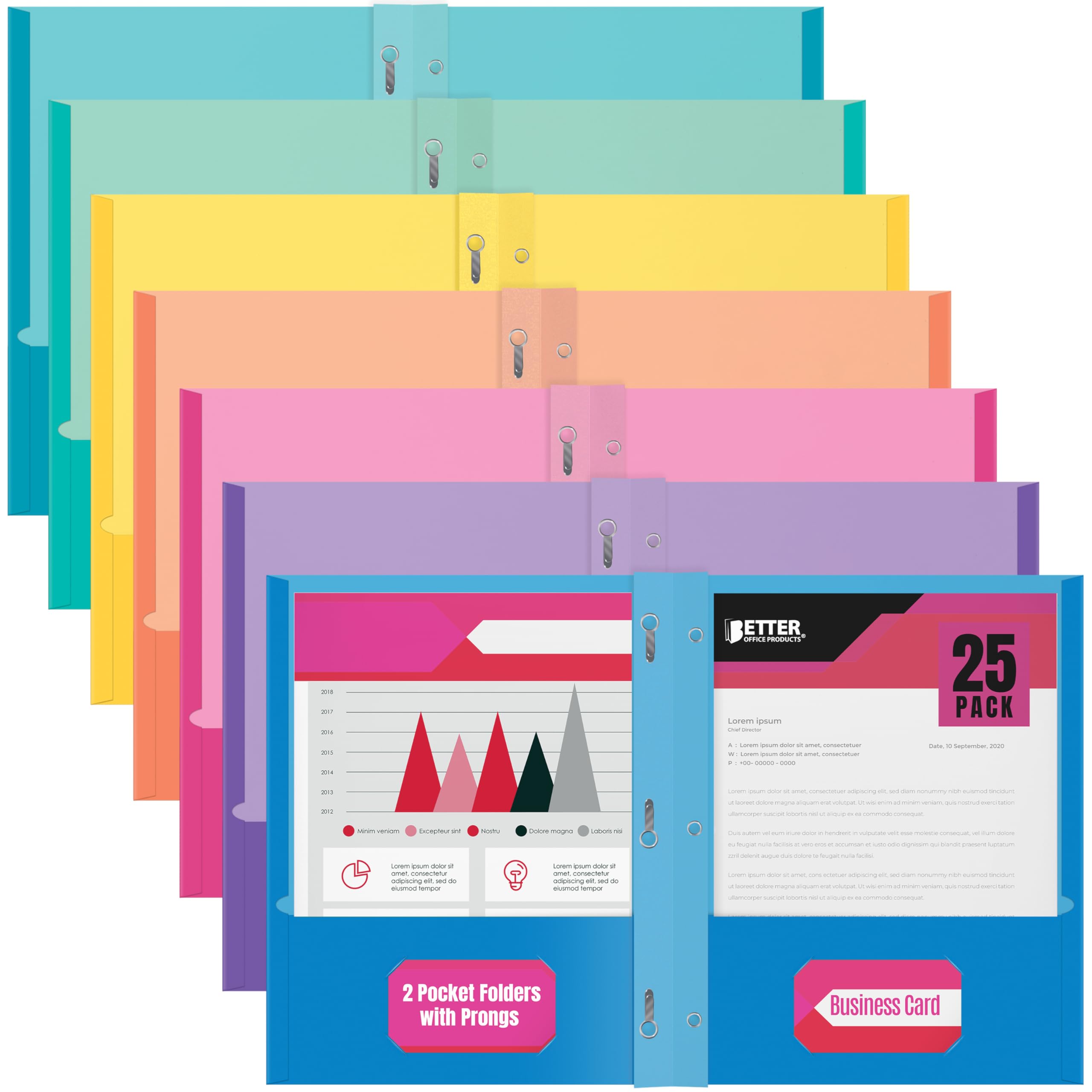2 Pocket Folders, Assorted 7 Vibrant Colors with Complementing Interior Colors, Fits Letter Size Paper, for School, Office, Home (with Prongs, 25)