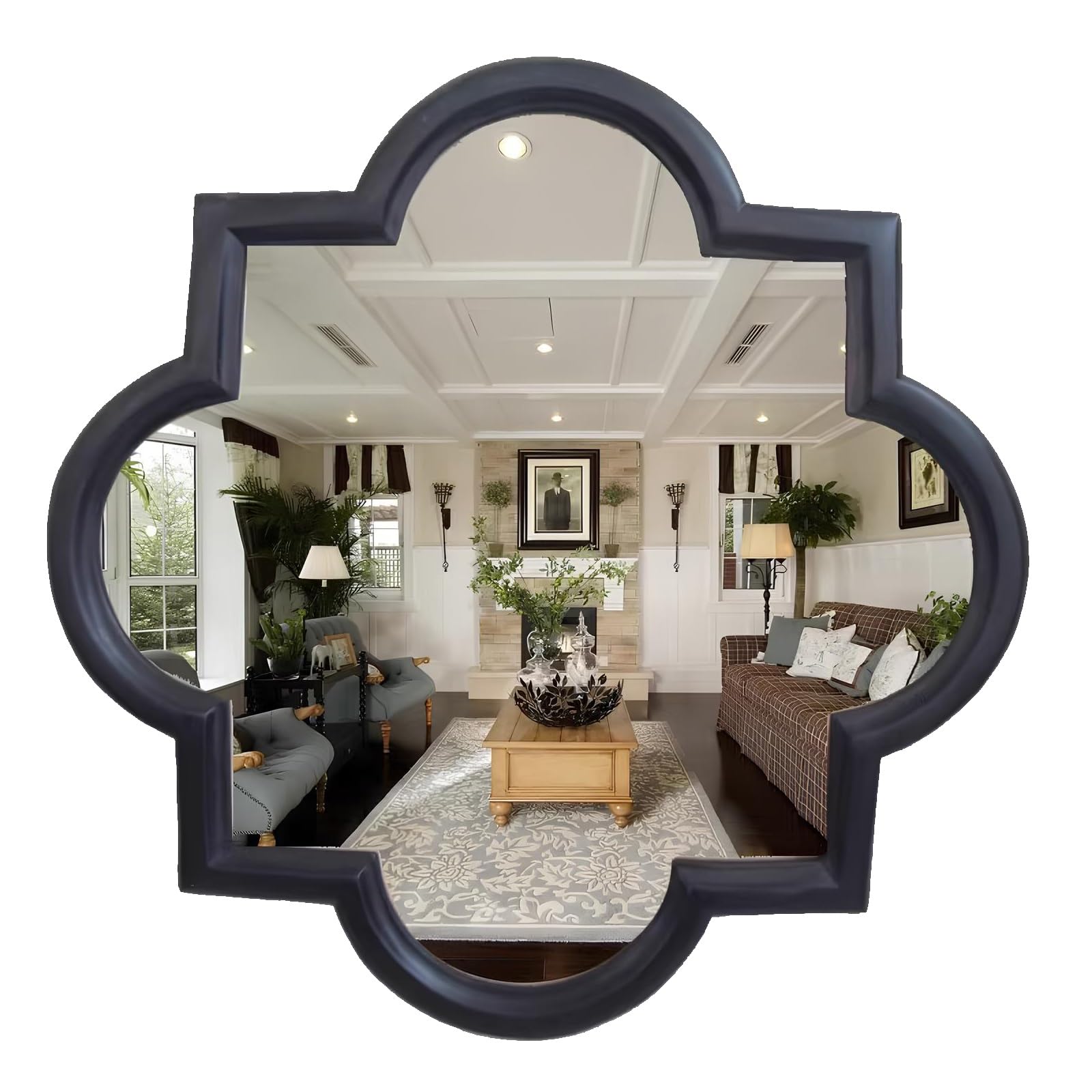 Miroir bois rustique HD au-dessus de la cheminée pour un salon chaleureux