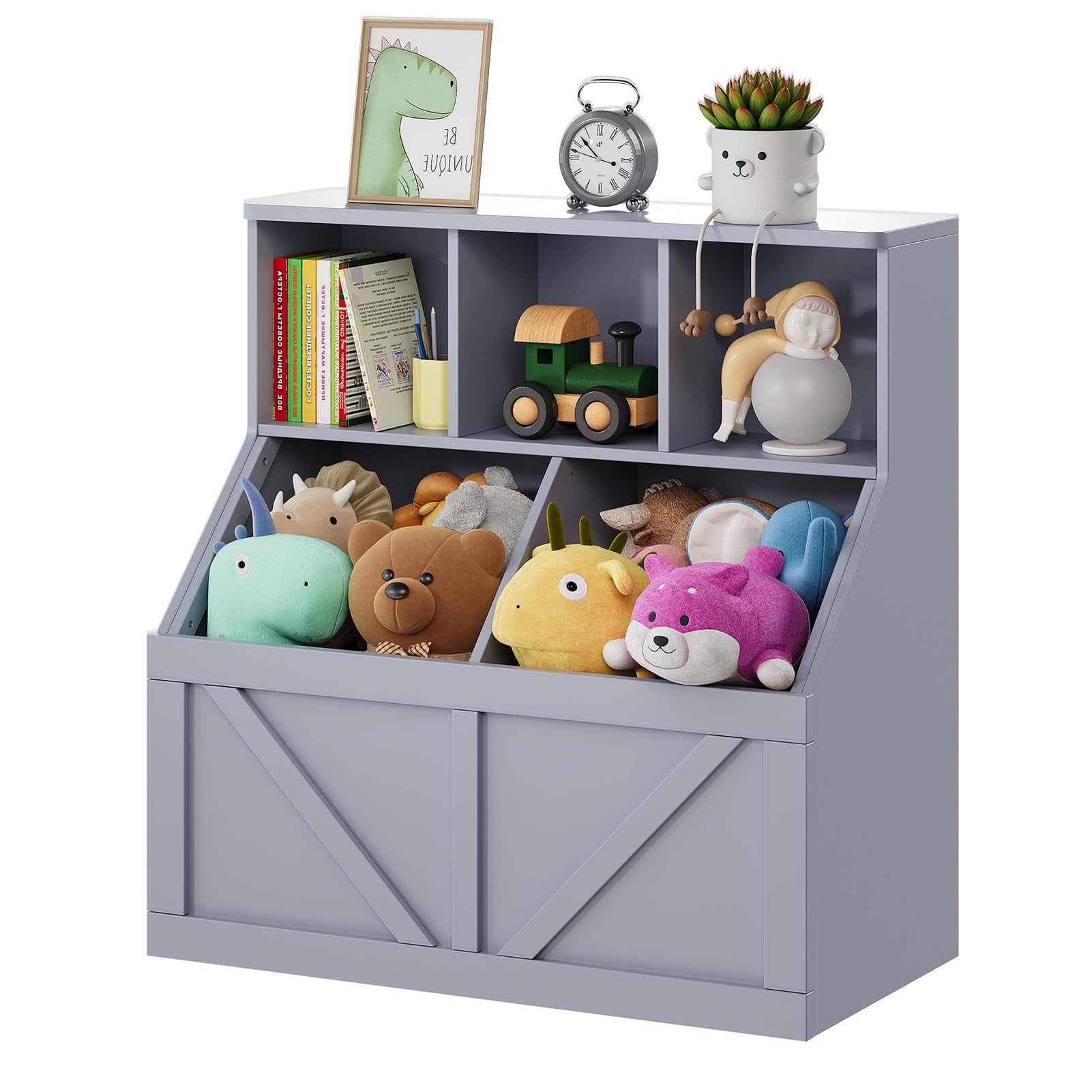 Kinder Spielzeug- & Bücherregal mit Aufbewahrung – Organizer mit Regal & Schrank für Spielzimmer/Schlafzimmer/Kita/Kindergarten, leicht aufzubauen – Farbe: Pure Gray