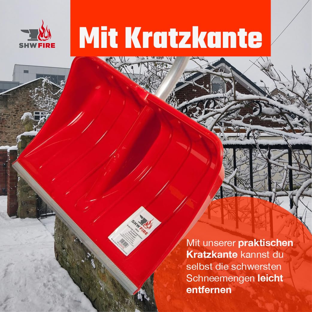 SHW-FIRE | Pelle à neige ergonomique 55 cm, pelle en plastique renforcé, bord de protection en aluminium, manche détachable de 128 cm avec poignée en D, pelle à neige légère et robuste | Fabriqué en