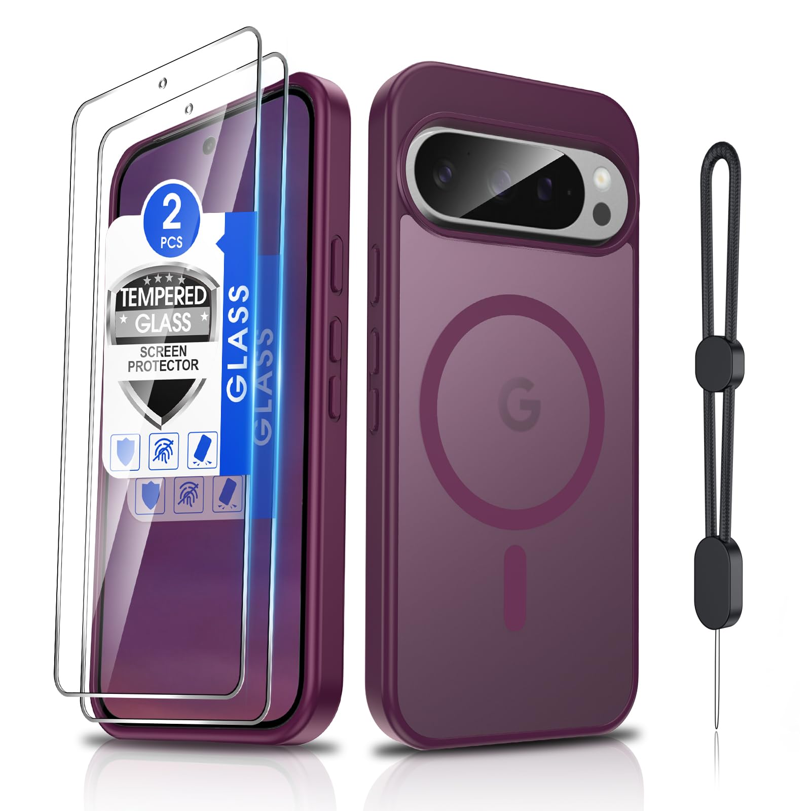 Dizn Magnetic for Google Pixel 9/Pixel 9 Pro Case,[Not Fit Pixel 9 Pro XL],with 2 Pcs Tempered Glass Screen Protector,Lanyard,Compatible with MagSafe,Matte Shockproof Protective for 9/9Pro, Wine Red