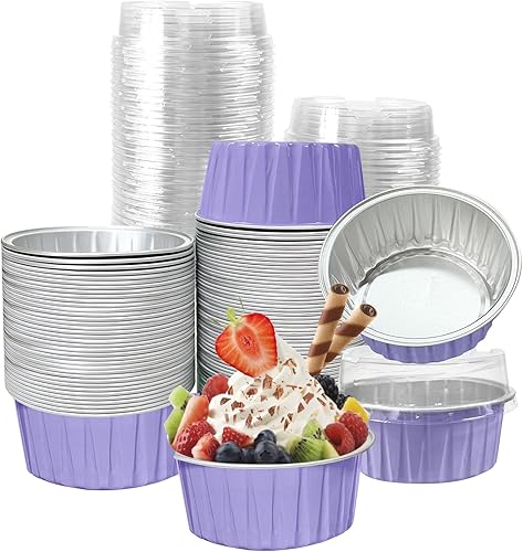 Miniatura 8 de 100 vasos de aluminio con tapas, 5 onzas desechables Ramekin para hornear, moldes para magdalenas, mini moldes de papel de aluminio para cupcakes