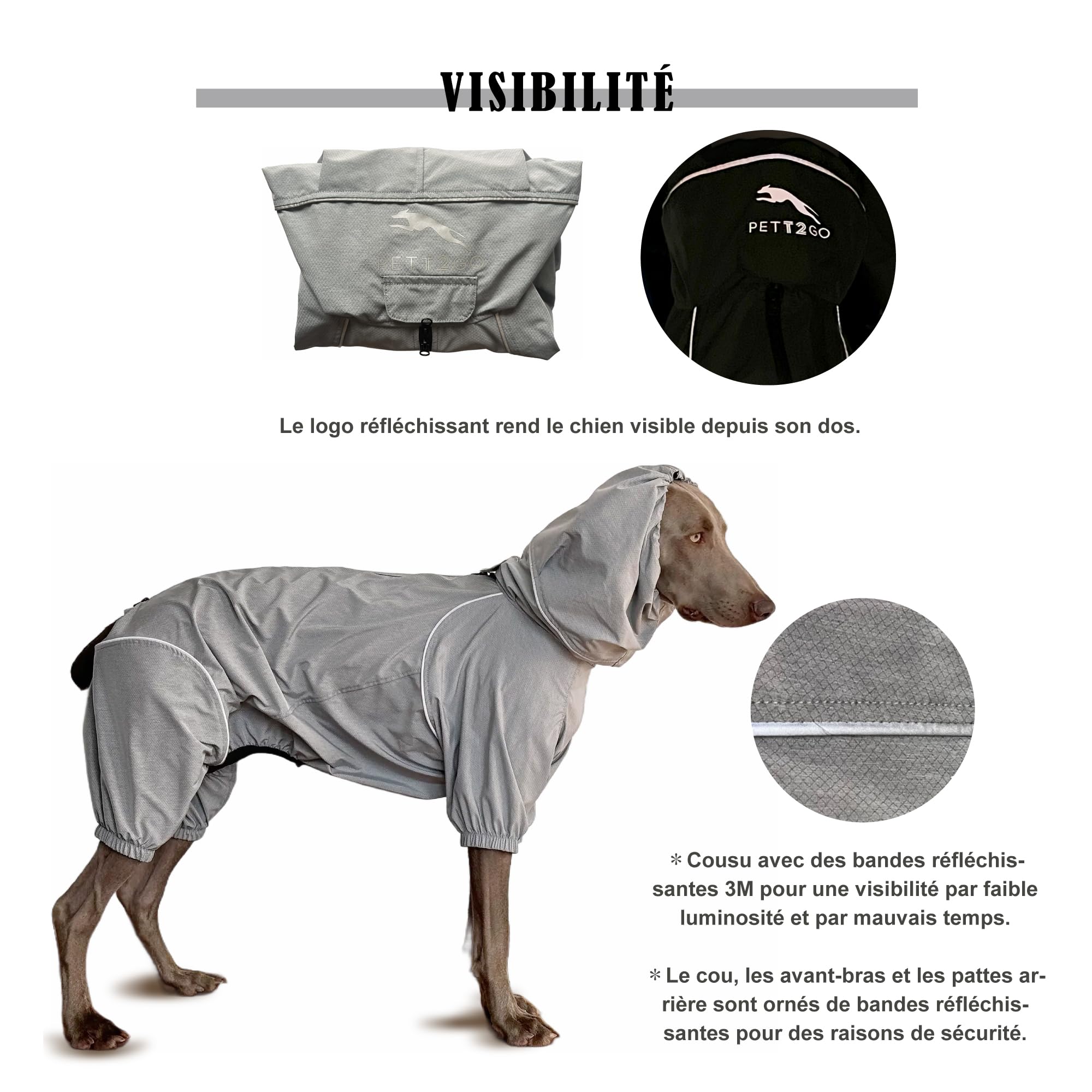 Coupe-Vent Léger pour Chien, Manteau avec Jambes, à Capuche, Trou pour Laisse, Réfléchissant, Compactable - Gris -XL (Mâle)