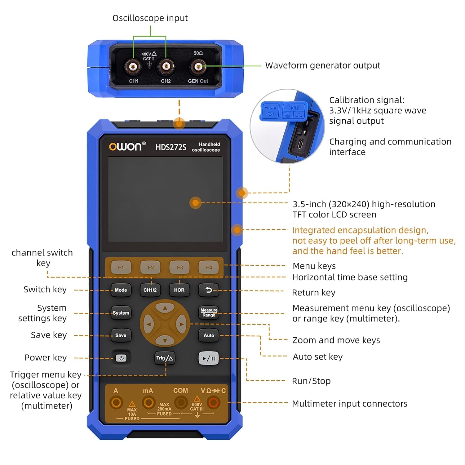 OWON Handoszilloskop Multimeter, 2-Kanäle, 70MHz Bandbreite, 250MSa/s Abtastrate, 20000 Zähler, 3 in 1 tragbares digitales Automobiloszilloskop, Spannung, Strom, Kondensator HDS272S