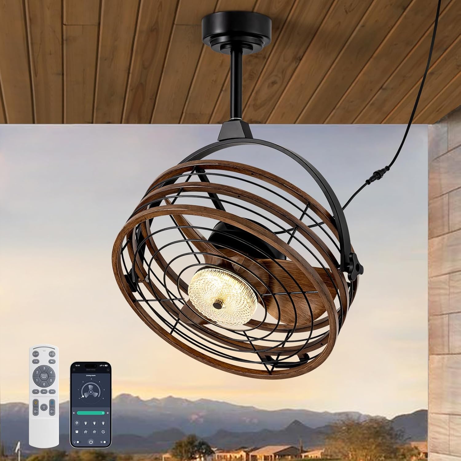 CROSSIO Outdoor Ceiling Fan with Lights, 23‘’ Waterproof Gazebo Fan with Remote Control Smart App, Plug in Caged Ceiling Fan for Patios, Pergola Porch Brown