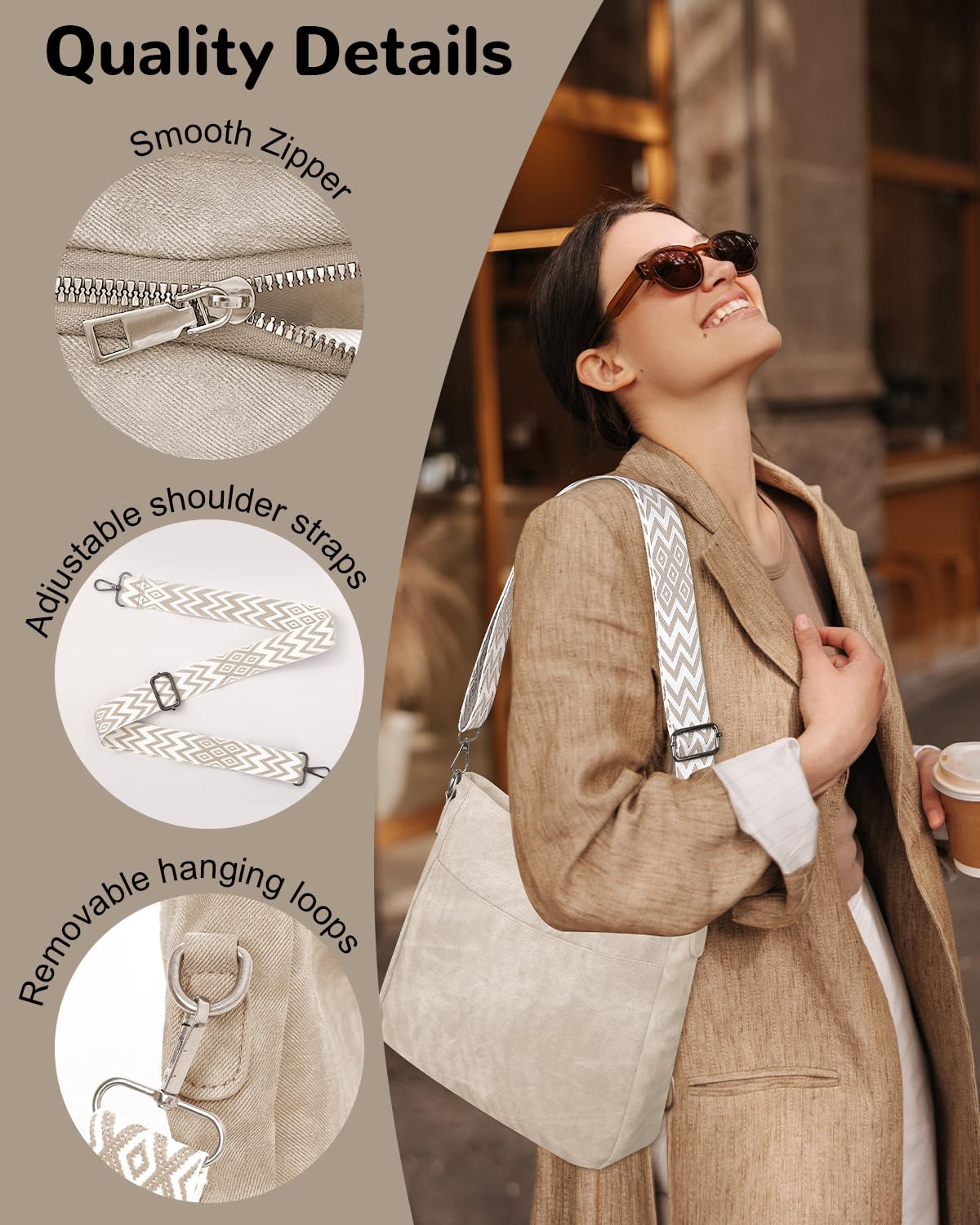 Sac à Bandoulière Boho pour Femme, Sac à Main Vintage Hobo avec Bandoulière Large Réglable avec Fermeture Éclair pour Voyager Travail Shopping Usage Quotidien