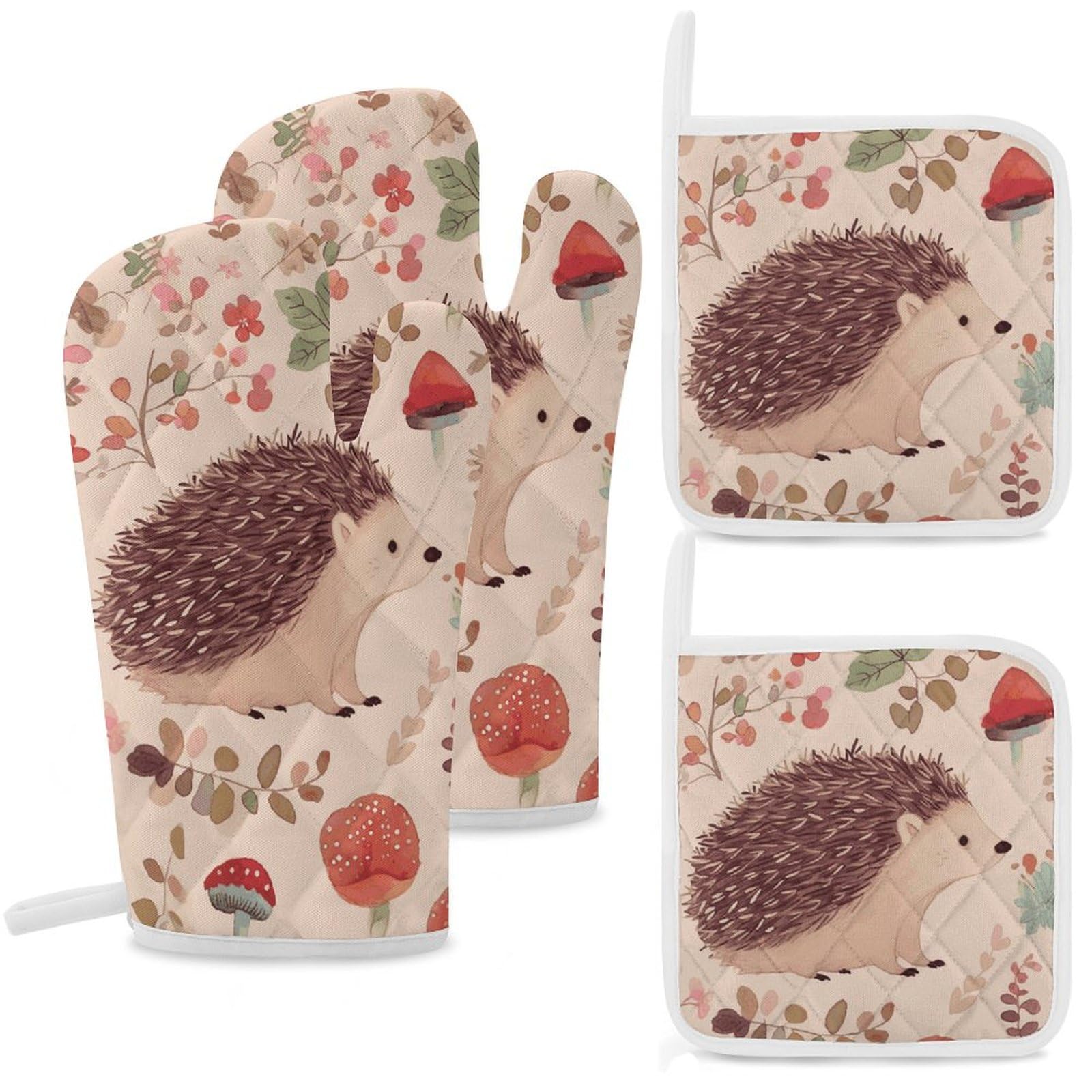 Gants de cuisine pour barbecue et pâtisserie lot de 4 maniques à motif hérisson anti-chaleur