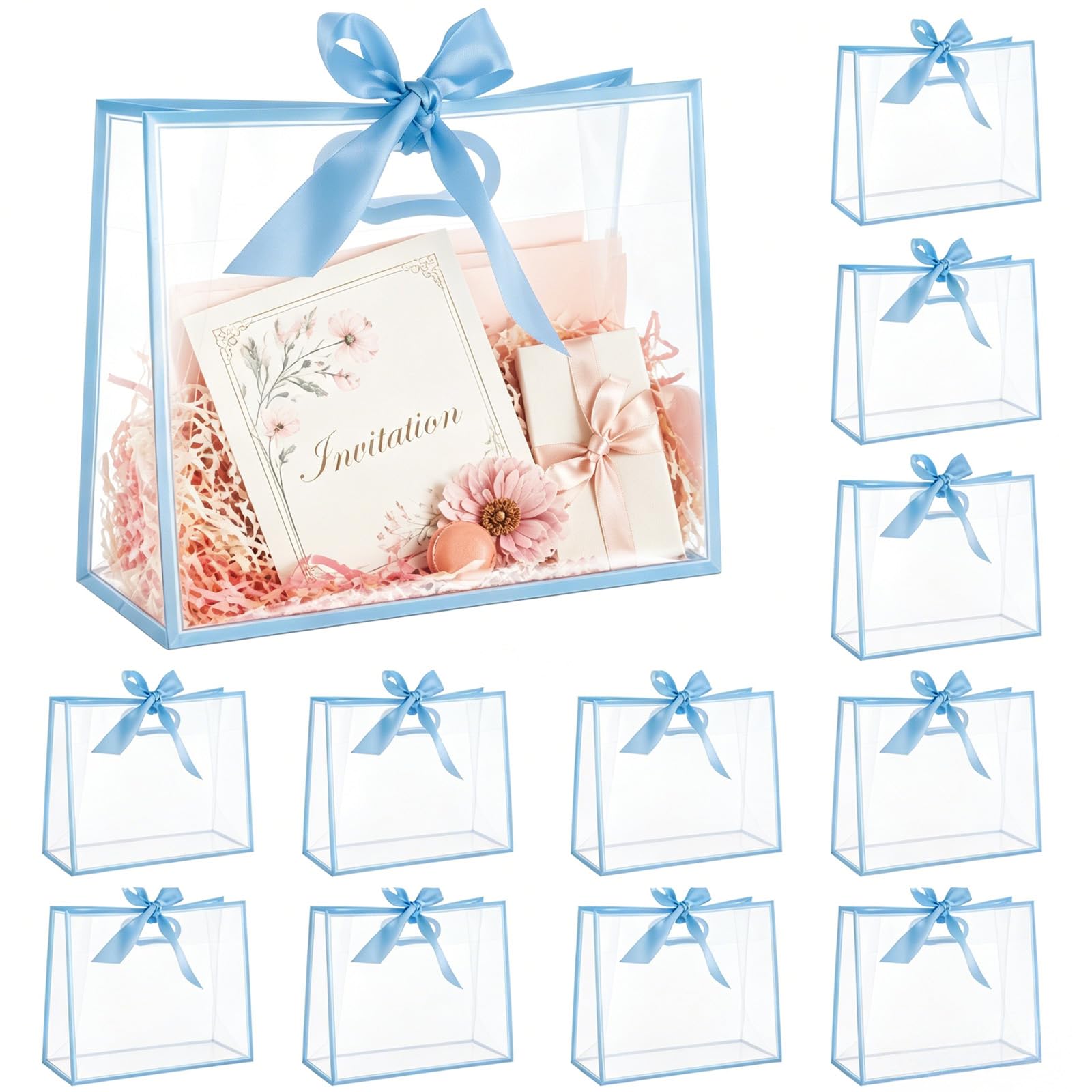 FERNVALE 12 Pack Large Gift Bags with Ribbon, 31x25x13cm Paper Present Bags with Sturdy Handles for Birthday Wedding Baby Shower Party Favor Corporate Gifts (Blue)