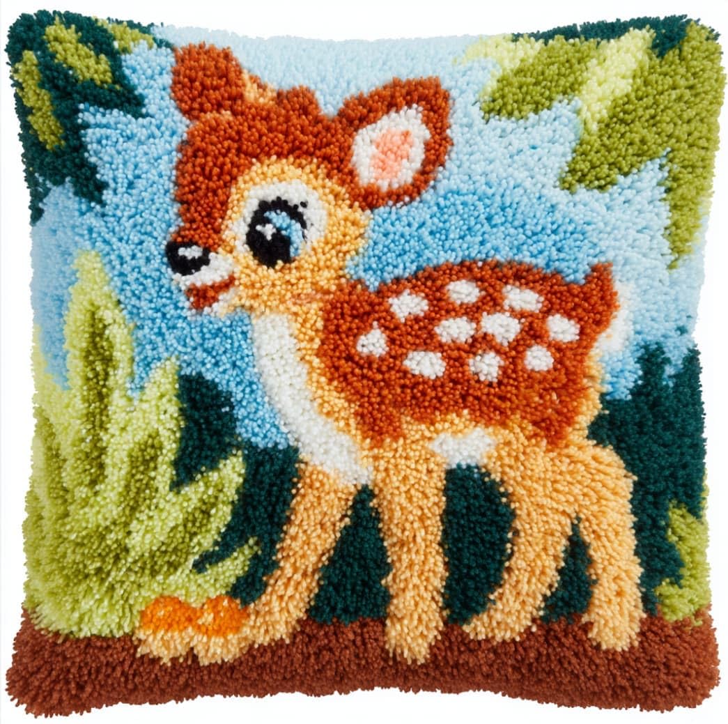 WallustrioaW DIY Latch Hook Pillow Kit,Deer Pillowcase Kits Embroidery Kits 17X17 Inch DIY Needlework Pillow Cover Sofa Cushion Rug Making