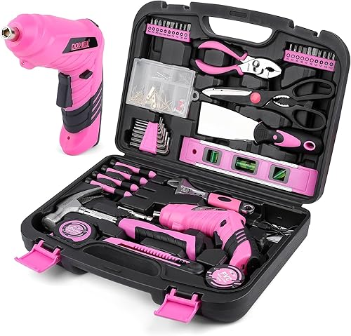 Juego de herramientas de 143 piezas rosa para propietario de casa con destornillador inalámbrico de 3.6 V, kit de herramientas manuales para el